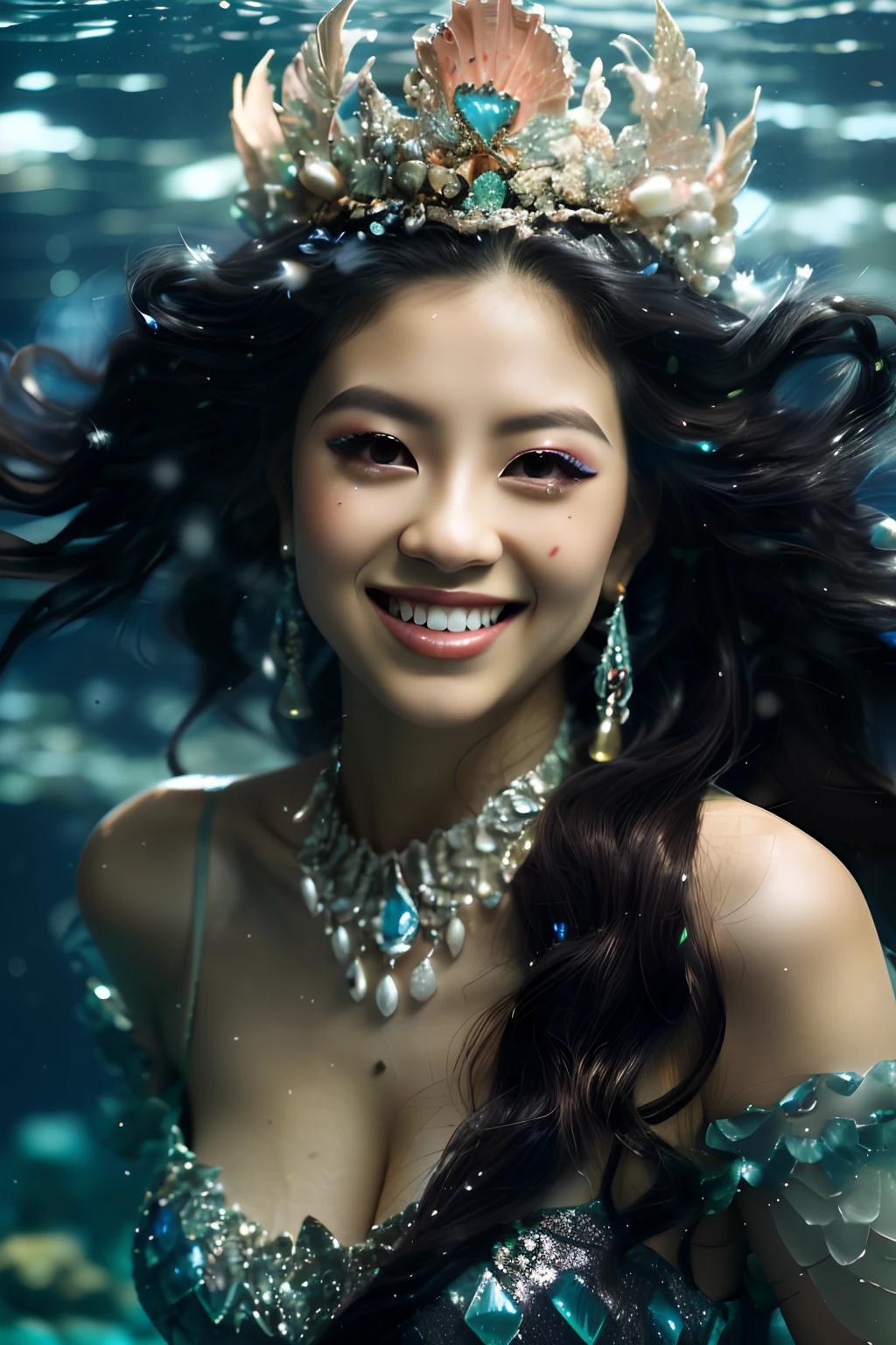 (((Little Mermaid,mermaids,Diving in the sea,under the water,japanes,Cute Japan person,A dark-haired,Beautiful scales that shine fantastically,Realistic scale,Pearls and jewel-encrusted scales,Half-fishman))),(((The whole body is shown,Her whole body,Photograph the whole body,The whole body is shown,beautifully shining fins and scales,,,The best costumes and decorations imaginable,Princess,Sparkling Big Tiara,tiarra,Glitter all over the body,glitter makeup,Gorgeous and big necklace,,Gorgeous earrings,Gorgeous Rings,Bra with a seashell-like design,The boundary between humans and fish is a gradation of scales and skin color,Realistic gradients of scale and skin tone,Light blue and skin tone gradient,segment々Transformation of scales into a flesh color))),((((There are many beautiful sea creatures in the background,Lots of coral and tropical fish,beautiful corals,Beautiful fish,Under the sea, Lots of tropical fish,Sunlight shines in, shining water surface,Glittering Sea,Deep sea,The sea is deep,Hair swaying in the water,There are sea creatures,))))(((Graceful and beautiful,Shining water,She is swimming in the sea,Swim dynamically,Her whole body is visible))),((A detailed face,face perfect,beautiful smiling face,Big smile,Quality and beautiful face,,Perfect fingers,Perfect hands,Accurate five-finger,Smile at the camera's gaze,Perfect gas chamber,perfect white teeth,Clean teeth,Precise teeth,Colossal tits,large full breasts))((The background is a fantastic sea,The sea sparkles like a jewel,Detailed sea, Fine shine,Glittering Sea,Glittering background))closer, slim figure, femele, long,Beautiful sunshine,a junior high school student,realskin, glistning skin,pretty skin,masutepiece, in 8K, Beautiful, realisitic,（highdetailskin：1.2），8K Ultra HD， Digital SLR, hightquality, hight resolution,1girll，Beautiful expression，((Ala Fed woman in mermaid costume smiles underwater in the composition she is the most beautiful, queen of the sea mu yanling, real photoshoot queen of oceans,