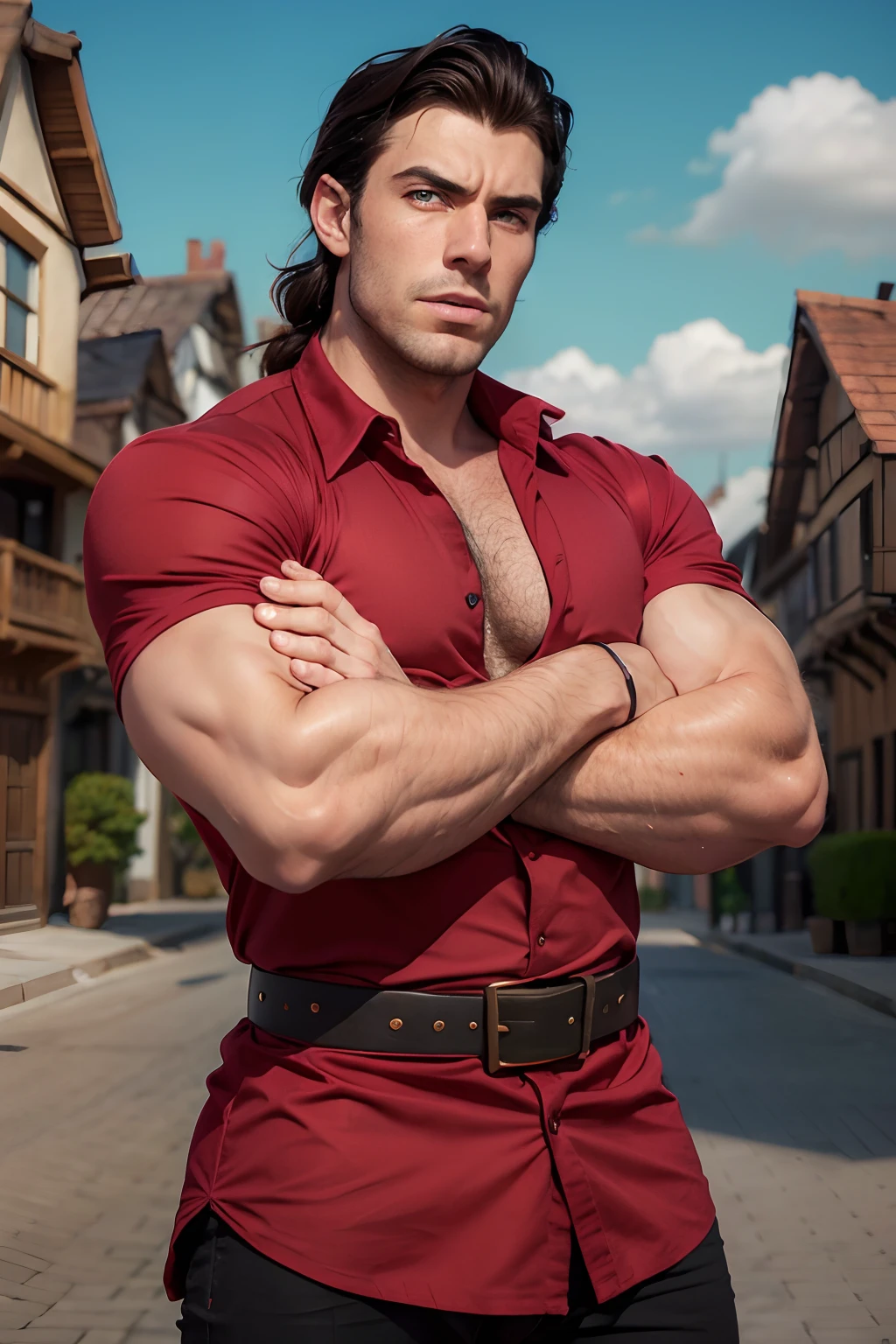 Gaston_by disney, Solo, Black hair, 1boy, Male Focus, Upper body focus, close up,  Belt bag, muscular, arms folded, Red Shirt, hairy chest, Outside, landscape, vila, skyporn, Daylight,