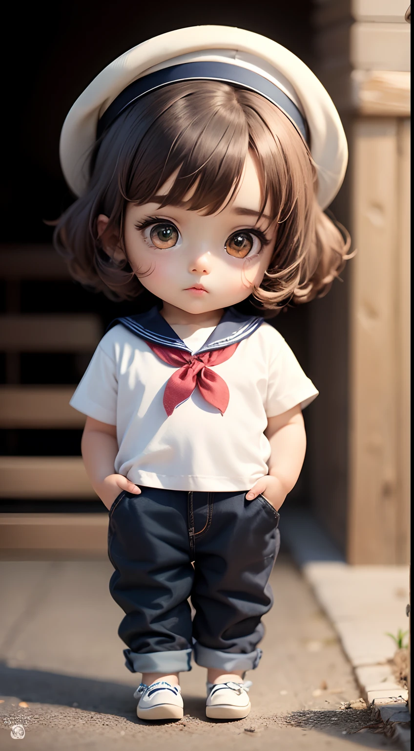 masterpiece、top-quality、ultra-detailliert、(Chibi Chara's Daughter:1.2),Create a series of cute chibi style dolls with cute sailor theme, Each of them has many details and 8K resolution. The background follows the direction of the port side、Must be complete within the image, appearing (full body Esbian, Including feet: 1.5)
Mini Sailor Doll: She must have reddish-brown ponytail hair. Your eyes should be big, Reddish-brown and expressive, with long eyelashes and rosy cheeks,,,,. Delicate white smile. Marine shirts are required, tshirts, Trousers and ornate sailor's hat. She must have navigation accessories. Add details to your clothes, buttoning, pockets, etc., Cute shoes
Be sure to add shadows, Hair texture and details, vestments, Safari equipment, To make them even more adorable and attractive.