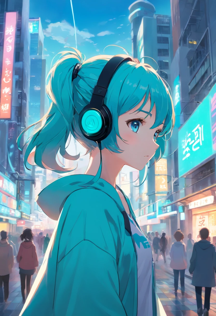 Wearing near-future headphones、long-haired of blue color、double ponytail curls、Clear blue eyes、Beth、A bustling cityscape of the near future　miku hatsune