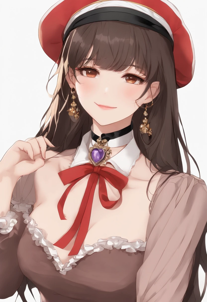 mayuzumi fuyuko, 1girl in, Solo, Black hair, hat, Jewelry, Long hair, Looking at Viewer, Bangs, earrings, Skirt, White background, Smile, Shirt, Simple background, Heart Earrings, Long sleeves, heart mark, black headwear, Black shirt, frilled choker, breasts, Brown eyes, Choker, Blunt bangs, Upper body, beret, medium breasts, Brown skirt, frilld, nail polish, bow ribbon, Red Nails, Closed mouth, Animal print, blush, frilly sleeves, Leopard print, Neck ribbon, own hands together