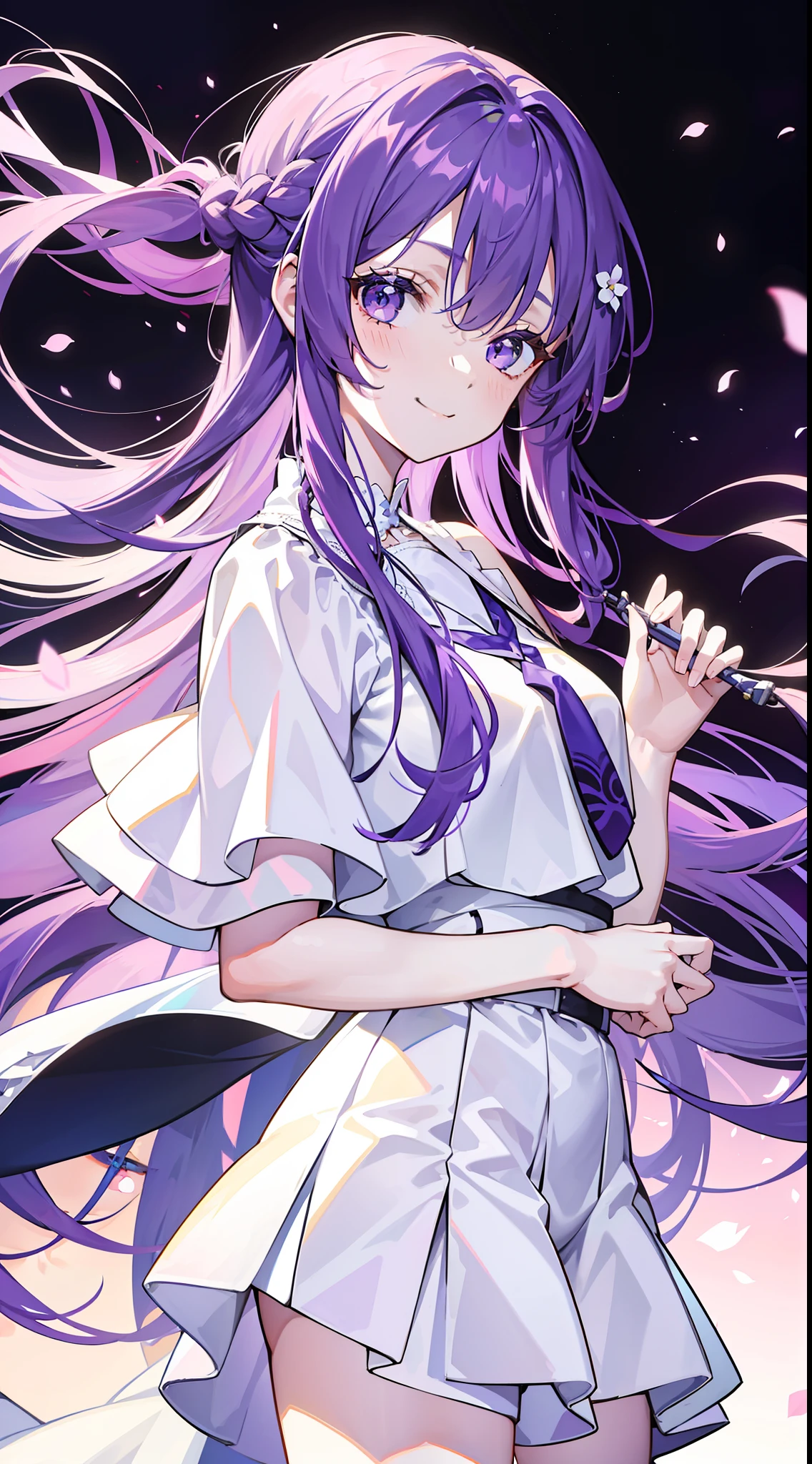 young girl, long purple hair, white beautiful dress, Shorts, braid, ssmile, Masterpiece, hiquality, 4k, HD, Good detail
