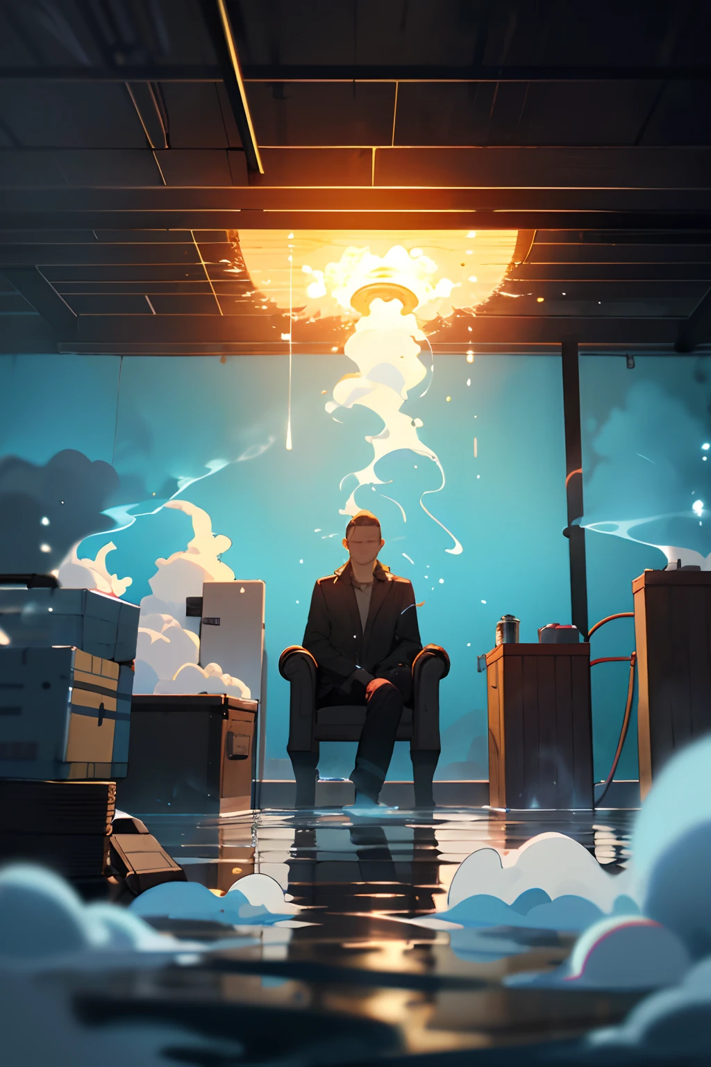 there is a person sitting down in a room with a stuffed , smoke under the ceiling, glue dropping, dry ice, sweaty. steam in air, honey dripping from ceiling, smoke fills the room, smoke is flowing, blowing out smoke, misting, smoke filled room, shot on gopro9, smoke rising from the pipe, water gushing from ceiling