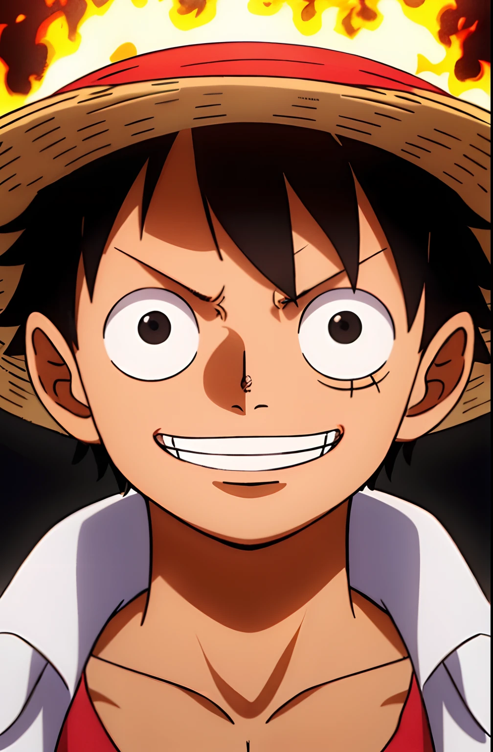1boy, wanostyle, monkey d luffy, smiling, straw hat, looking at viewer, solo, upper body, ((masterpiece)), (best quality), (extremely detailed), depth of field, sketch, dark intense shadows, sharp focus, soft lighting, hdr, colorful, good composition, fire all around, spectacular, closed shirt, anime screencap, scar under eye, ready to fight, black eyes