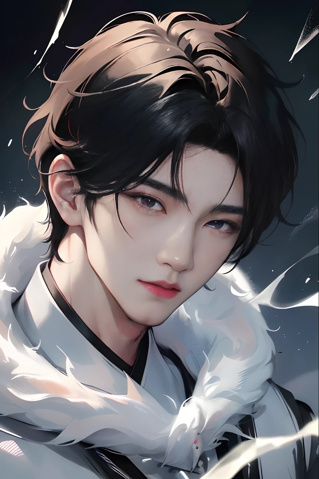 a close up of a person with a white coat and a black and white jacket, handsome guy in demon slayer art, artwork in the style of guweiz, inspired by Bian Shoumin, inspired by Zhang Han, by Yang J, delicate androgynous prince, inspired by Yanjun Cheng, anime portrait of a handsome man, stunning anime face portrait