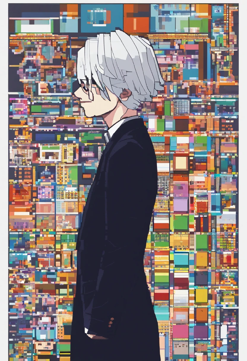 Decim (Death Parade), 1 man, 35-year-old,(black bristle), man wearing glasses, closeup face, profile picture,dresses in a formal and restrained style, a black jacket,white shirt, a professional look,white-ash hair, silver color, tired look,