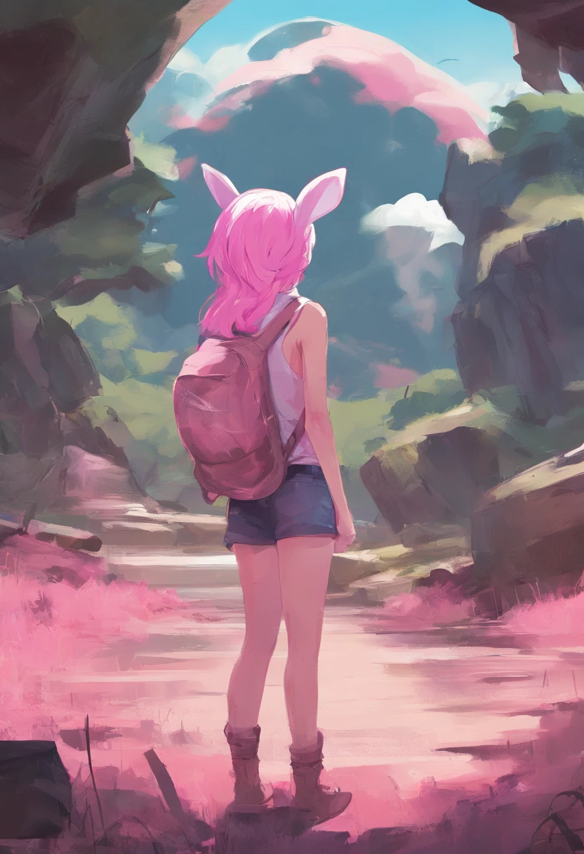 A girl looking at me pink hair, big bunny hat, ass, giant boobs, fully exposed, big smile, simple scenery