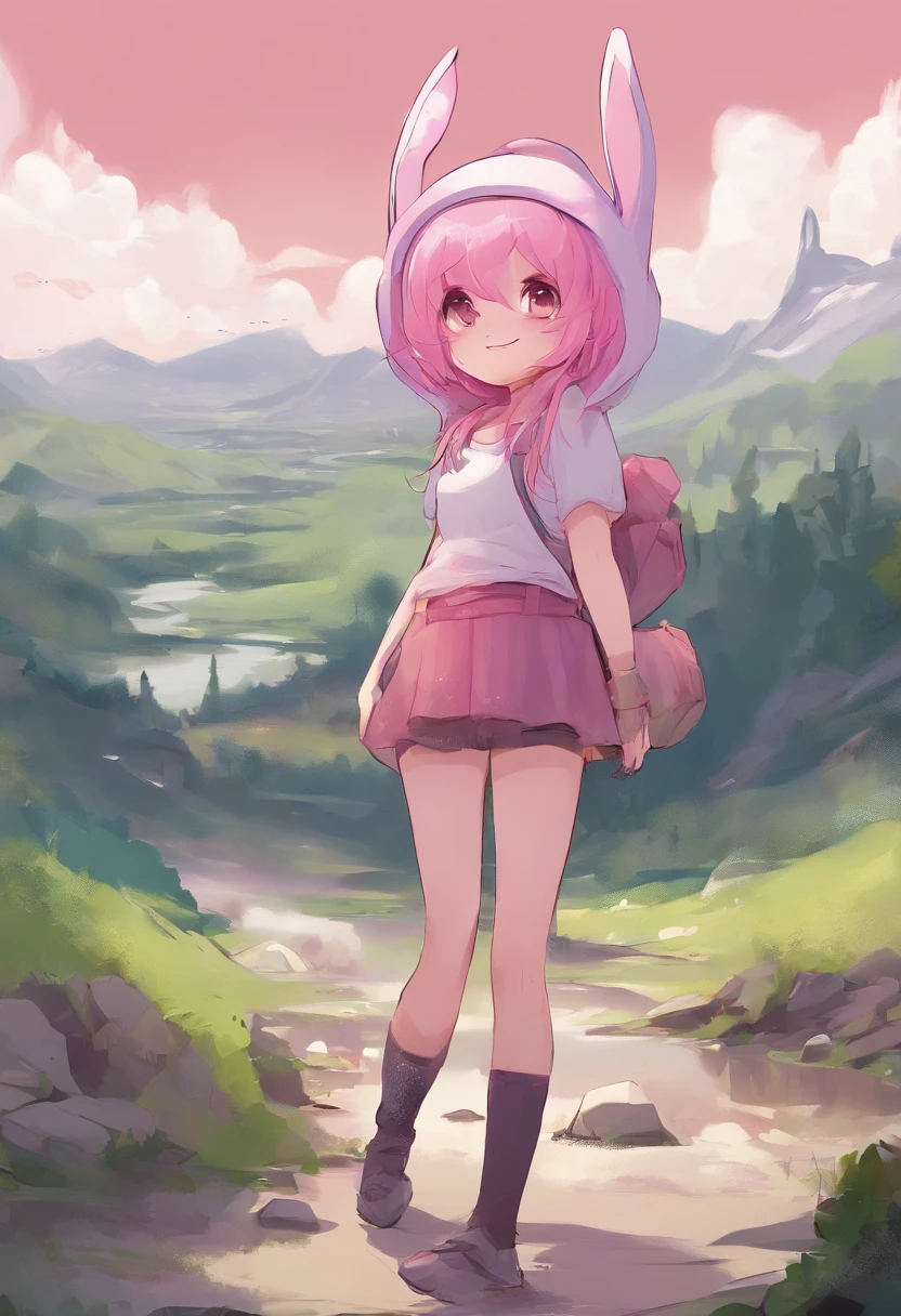 A girl looking at me pink hair, big bunny hat, ass, giant boobs, fully exposed, big smile, simple scenery