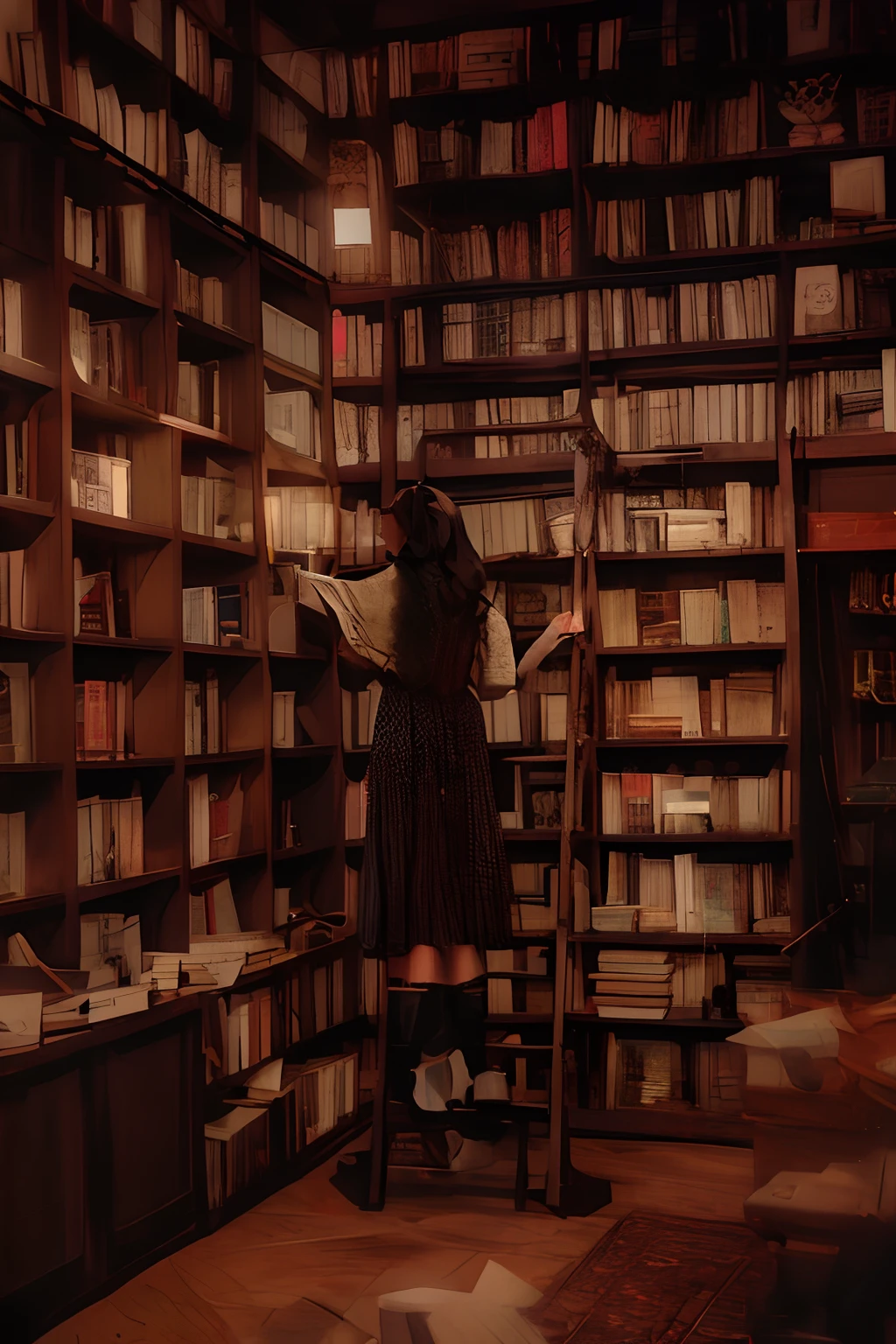 arafed woman standing on a ladder in a library with books, books all over the place, endless books, standing inside a magic library, liminal bookshop, shelves filled with tomes, filled with books, in a gloomy library, the librarian, library of forever, books cave, in a library, bookshops, in a ravaged library, reading in library