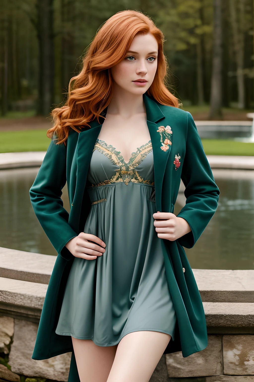 1girl in, 19, Solo, Aesthetic artwork, irish redhead, wavy ginger hair, shoulder length ginger hair, (gray eyes), light grey eyes, some small freckles, pale skin, A-cup, small breasts, runners body, detailed skin texture, in a city park, standing by a fountain, full body, looking at viewer, (extremely detailed 8k wallpaper), soft lighting, high quality, film grain, Fujifilm XT3 sharp focus, f 5.6, 50mm, High Detail, Sharp focus,(natural light), (wearing a navy blue khaki jacket), (forest green dress), crushed velvet dress, (full length dress), form fitting dress, gold embroidery, (embroidery on chest), princess Fiona, Fiona from Shrek, crazy details, complex details, hyper detailed