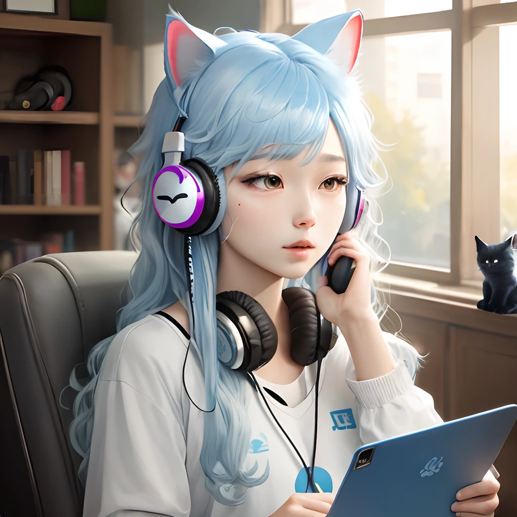 The long-haired Light blue hair cat ear head phone stele