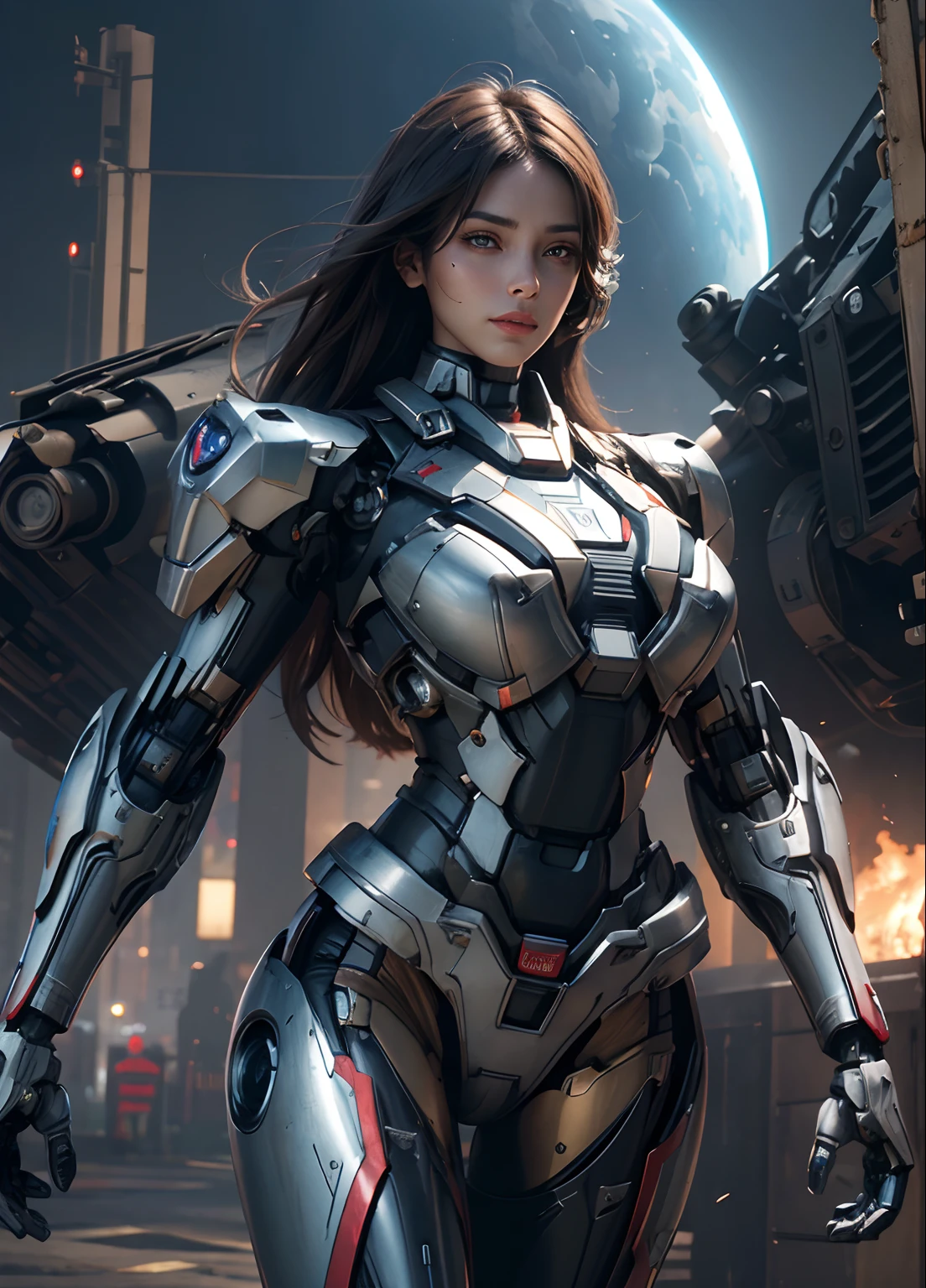 Textured skin, Super Detail, high details, High quality, Best Quality, hight resolution, 1080p, hard disk, Beautiful,(Iron Patriot),beautiful cyborg woman,Mecha Cyborg Girl,Battle Mode,Girl with a Mecha Body,She wears a futuristic Iron Patriot mech,Fulll body Shot