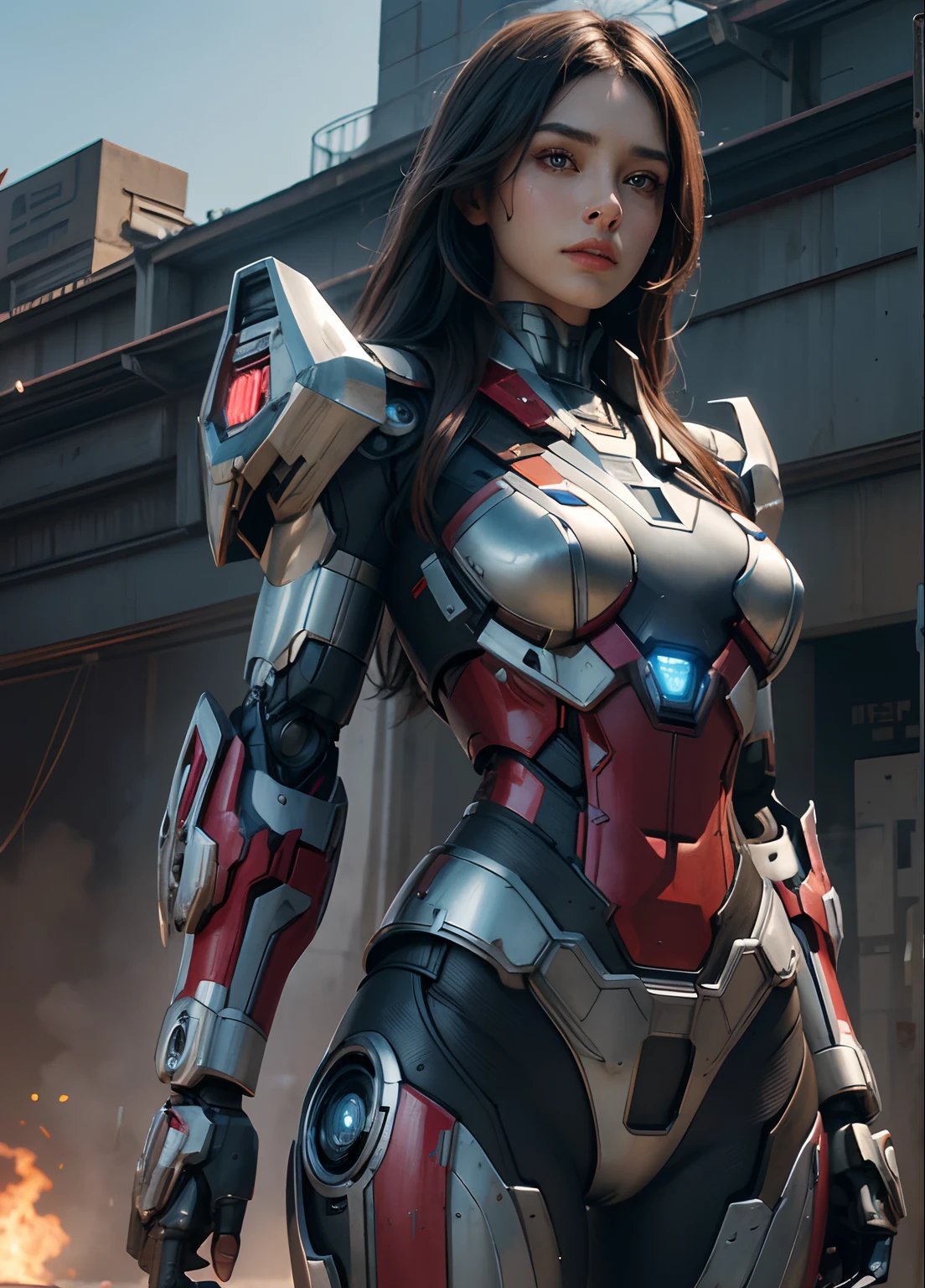 Textured skin, Super Detail, high details, High quality, Best Quality, hight resolution, 1080p, hard disk, Beautiful,(Iron Patriot),beautiful cyborg woman,Mecha Cyborg Girl,Battle Mode,Girl with a Mecha Body,She wears a futuristic Iron Patriot mech,Fulll body Shot