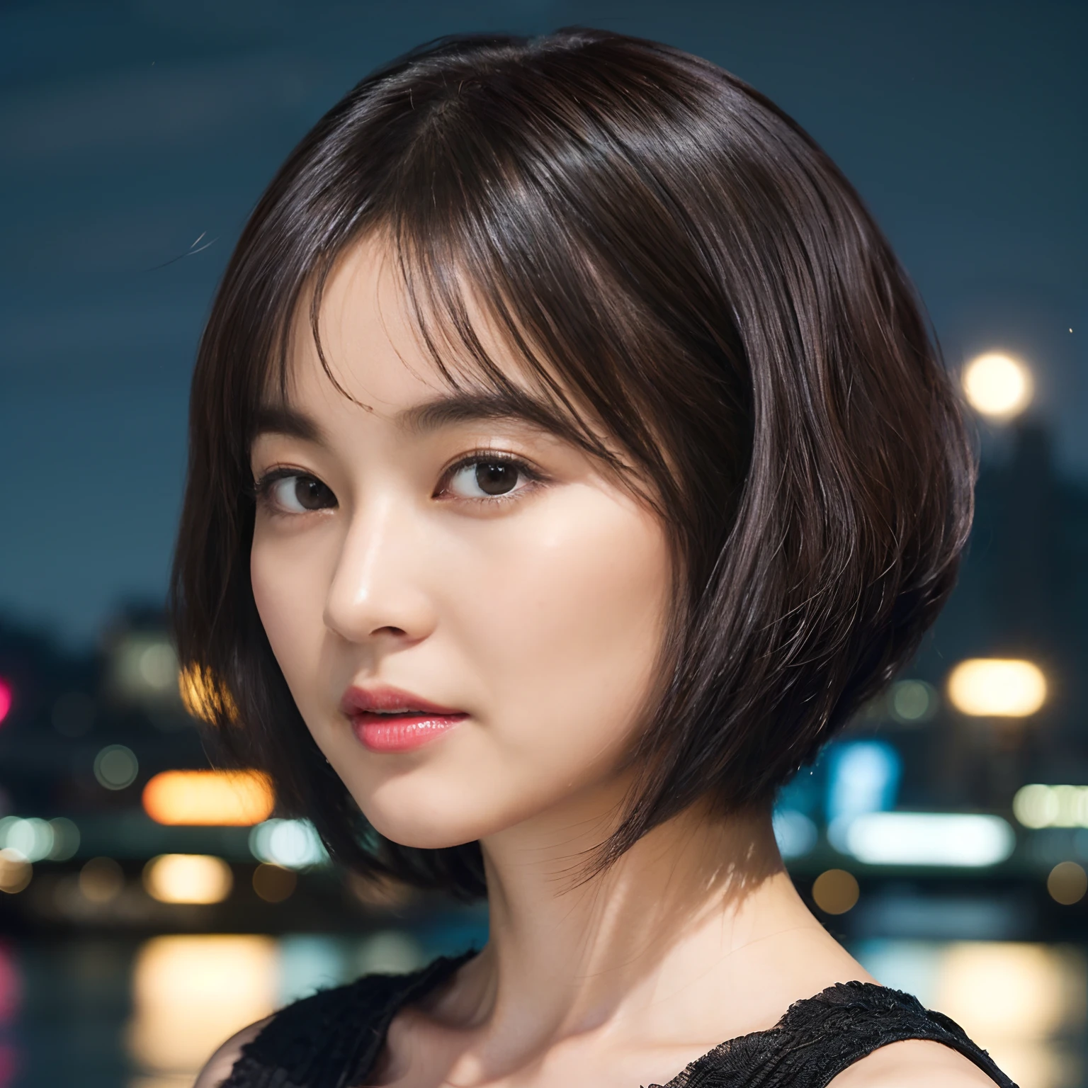 40
(Airy wavy short bob cut:1.23), (a 25yo woman), (A hyper-realistic), (masutepiece), (8KUHD), Being in the harbor at night