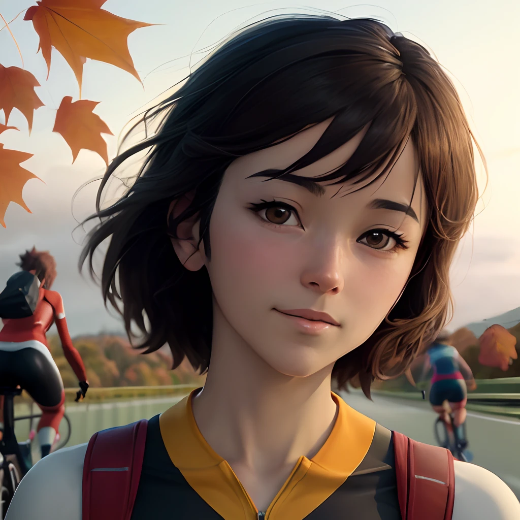 (3 runners:1.5),(7 cyclists: 1.5), (Realistic bike: 1.5), (Realistic cyclists: 1.5), Close-up Shot Shot, The best of the best, autumnal, Orange leaves, falling leaf, Landscape background, shadowing, contrast, Makoto Shinkai (best qualityer:1.3), (A high resolution:1) Studio Ghibli-inspired art, Impresionismo, vivd colour
