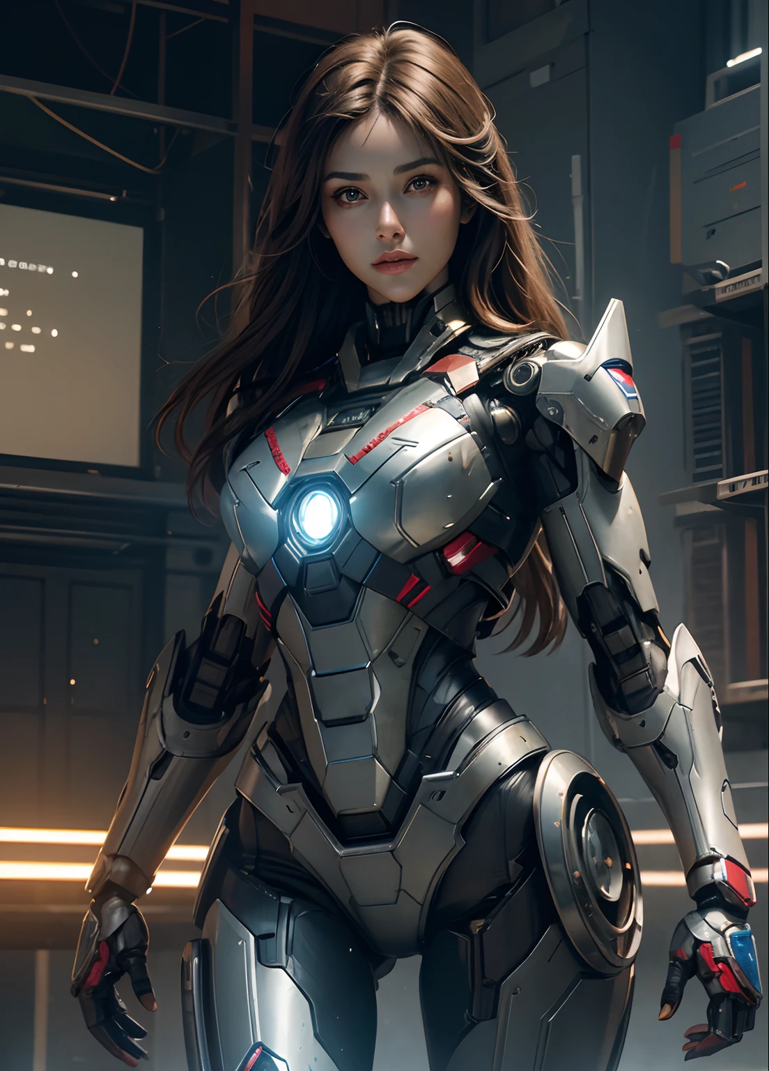 Textured skin, Super Detail, high details, High quality, Best Quality, hight resolution, 1080p, hard disk, Beautiful,(Iron Patriot),beautiful cyborg woman,Mecha Cyborg Girl,Battle Mode,Girl with a Mecha Body,She wears a futuristic Iron Patriot mech,Fulll body Shot