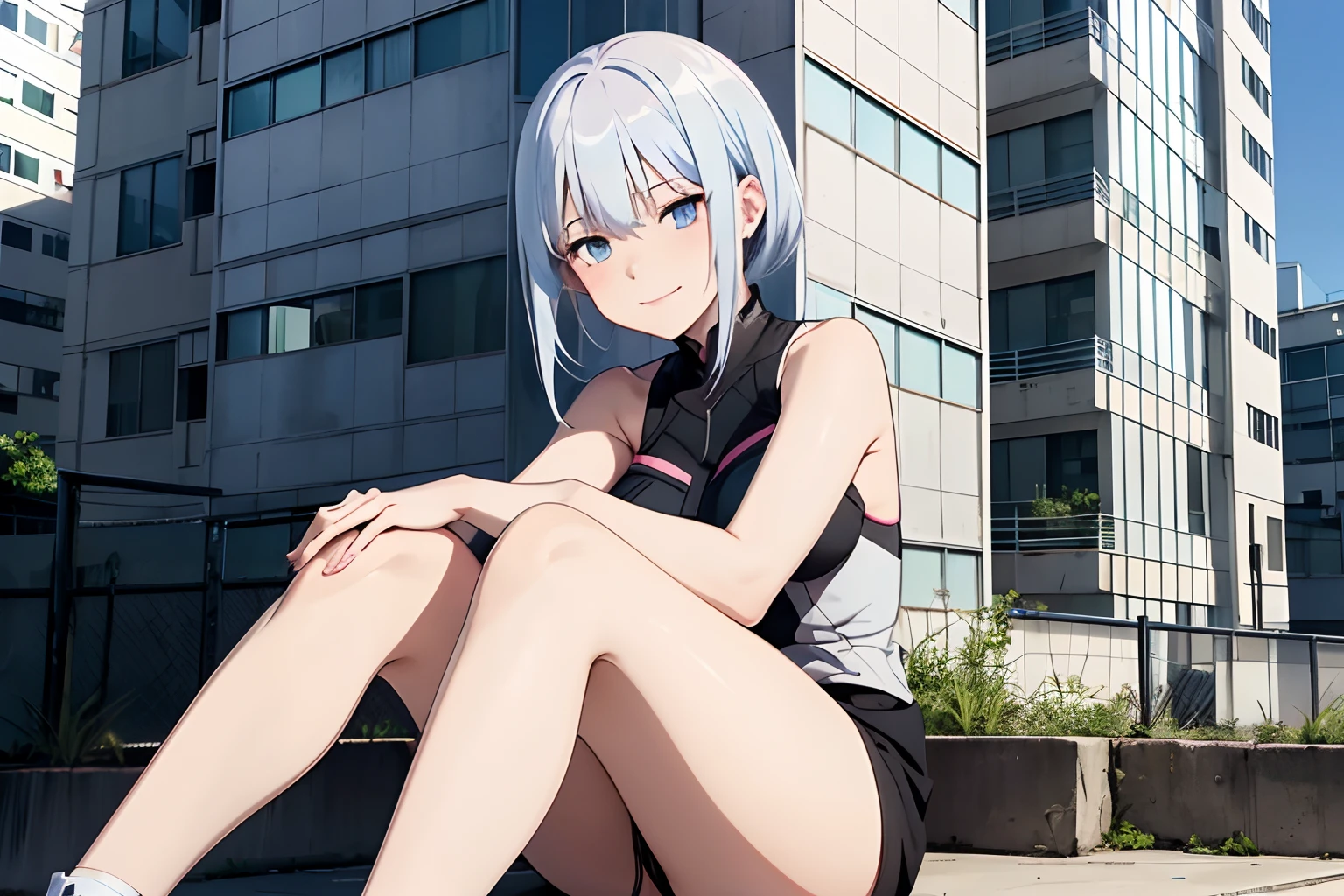 Lucyna Kushinada sitting on the edge of a building facing viewer, smile, head turns slightly upward, muted pink - almost white hair, pale blue eyes, hands propping her up behind her back, full body in view, (knees in view), (((perfect eyes)))