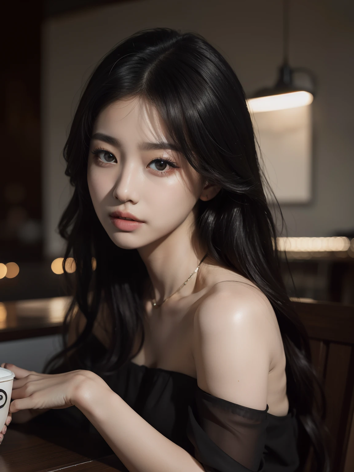 best qualityer, Masterpieces, Super high resolution, (photograph realistic:1.5), Original image,Black dress ,Korean 1girl, offshoulder, In the dark, deepshadow, low tune, Cold light, Sexy look, long whitr hair,Cafe,pretty,lim light,swirling hair