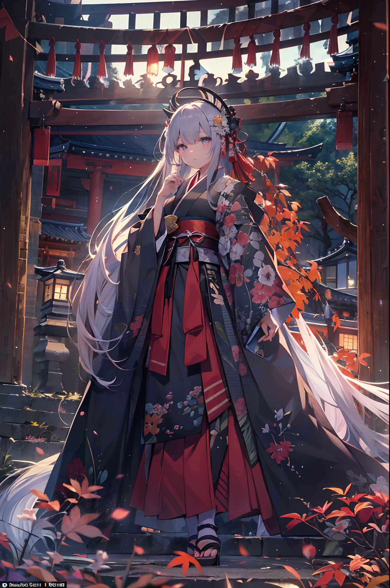 (Official art、Best Quality、Unity 8k Wallpapers、32K、masterpiece、ultra-detailliert、超A high resolution、realisitic、Photorealsitic:1.2)、(Cinematic lighting:1.2)、Fireglow effect、film grains、Best Shadows、Rim lighting、side lights、(Ultra-detailed and complex 3D rendering)、Detailed beautiful face and eyes、A slender、Medium bust、(Full body:1.2)、(sideshot、Looking away:1.2)、(Mystical、moonlights)、Highly detailed background、beauitful face、a beauty girl、(super detailed skin、detailed skin textures:1.3)、Japan garden、cowboy shot、Tree with red leaves on tower background々, Japan at night, japan sightseeing, japan deeper travel exploration, japanese temples, pagoda, during night!!, set at night, during night!, けもの, Vivid!!, japanese city at night, full - view, ancient japanese architecture, by Torii Kiyomasu II, november, kyoto japan setting