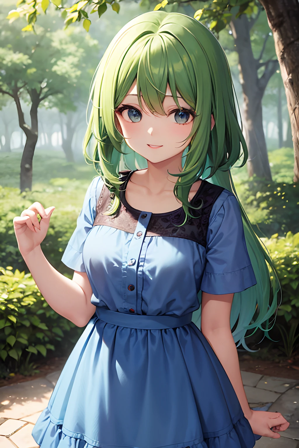 Chica de cabello verde hecho de hojas,ojos azules sonrisa puntiaguda, camisa amarilla de fondo un bosque