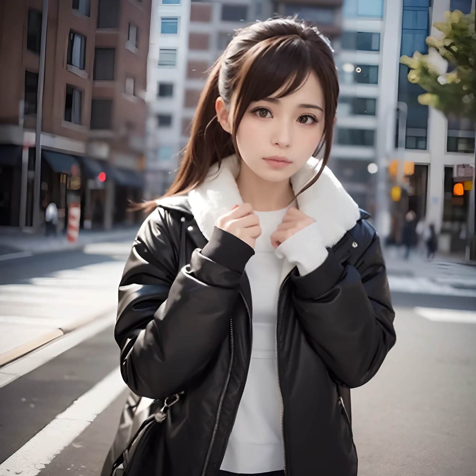 Arab asian woman in black jacket and white shirt stands on city street, real life anime girl, chiho, ulzzangs, portrait of a japanese teen, Korean Girl, the face of a beautiful Japanese girl, 奈良美智, Young Gravure Idol, sakimichan, Young Asian Girl, Realistic Young Gravure Idol