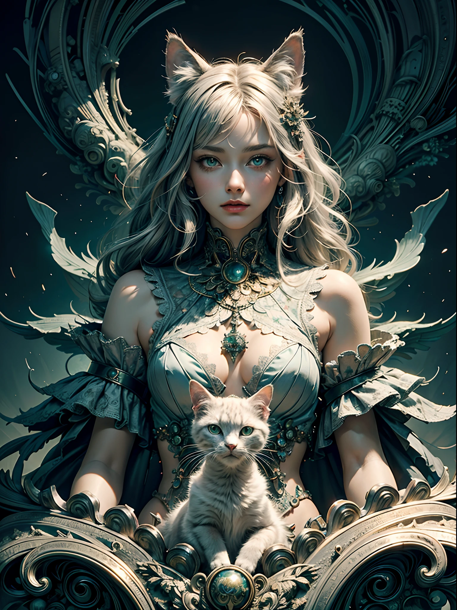 (masterpiece, top quality, best quality, official art, beautiful and aesthetic:1.2), extreme detailed,(fractal art:1.3), silver grey cat, pale green eyes