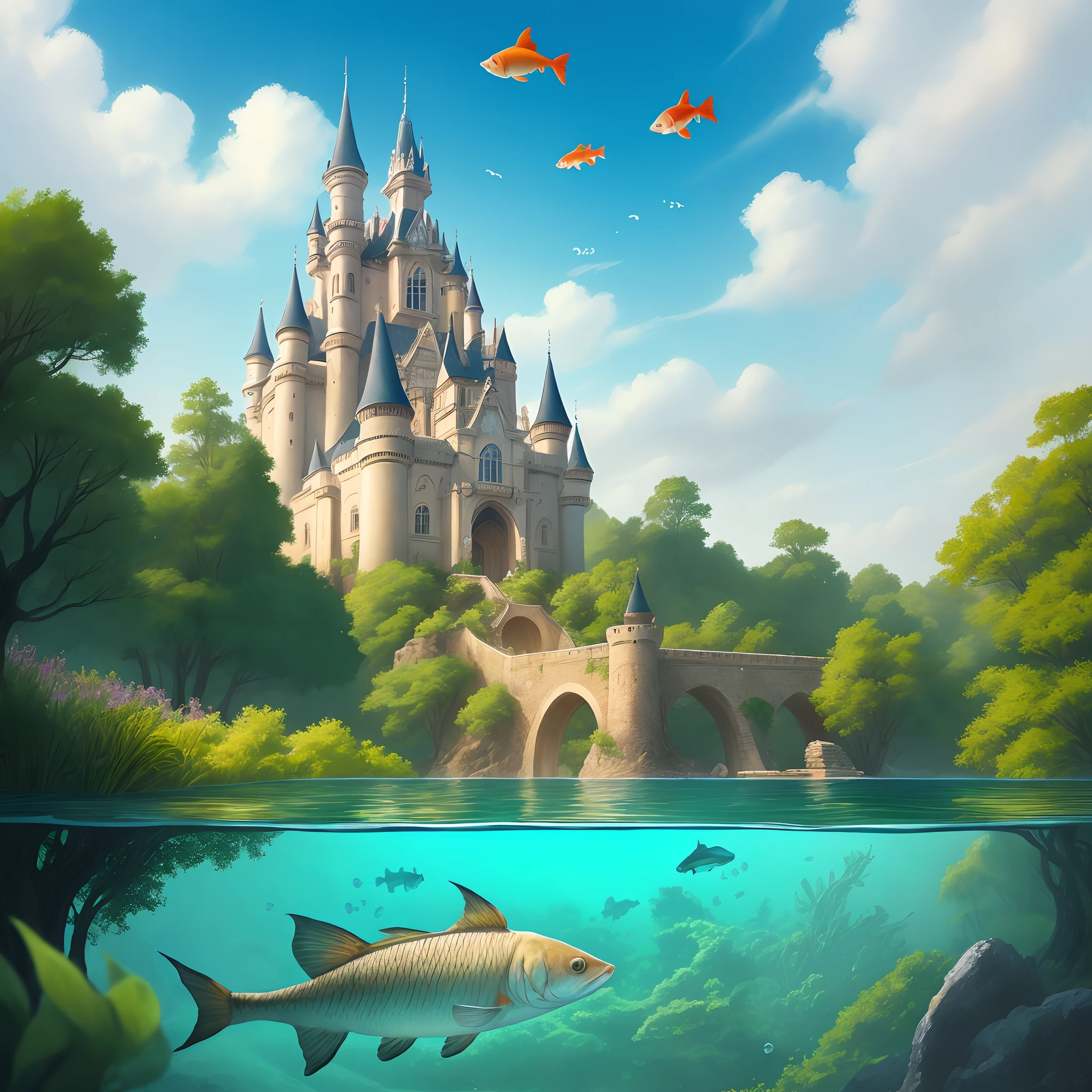 Castle in the sky and small fish swimming in the sky