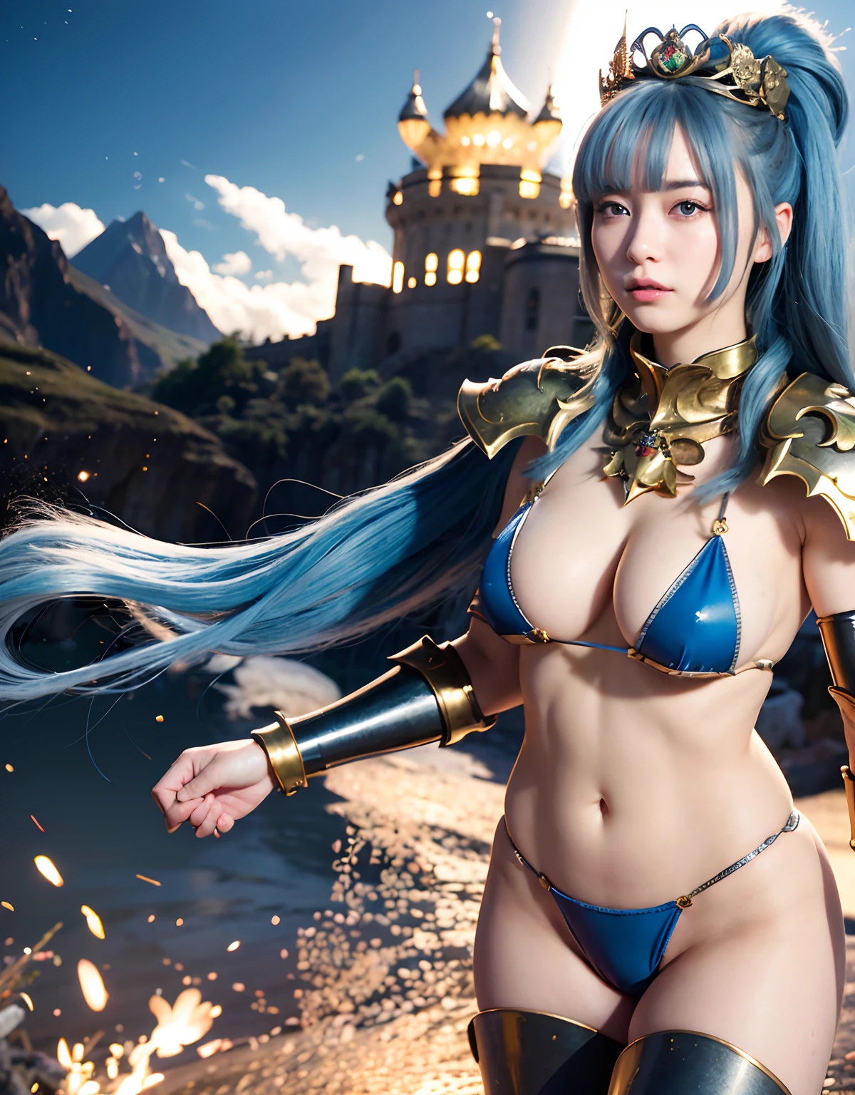 Professional , ​masterpiece、top-quality、photos realistic , 、top-quality、超A high resolution、(Photorealsitic:1.4)、Raw photo、depth of fields （Gemstone Gold Metal Body:1.9),(Matte White、Toostock、cleavage of the breast、（cleavage of the breast）、(((Micro Bikini Armor))),（Detailed Dragon Armor）、（Have the strongest weapon）、（(Random Hairstyles 1.6),Dark Fantasy,）explosions、intense fighting、（Precipitous cliffs),Dragon Gold Weapon,Mystical expression、Particles of light、Fight dragons、（Detailed Dragon Helmet),Gorgeous Silver Weapons ,（（ Dragon's dense and gorgeous sword）） , Beautiful knife   ,warhammer 40k ,Detail and gorgeous crown、（（Blue hair））、（Castle background）、、（（Gangle's forest background））、Beautiful Caucasian beauty、１a person、dynamic ungle,(((With detailed shielding)))、Smaller head、A smile、Castle background、Thin and beautiful female hands、cleavage of the breast、Soldier in iron armor on background、Mystical expression、Light Effects、intense fighting、Wind-effect、magic circles、With the legendary magic wand、（demonic wings）、Toostock、