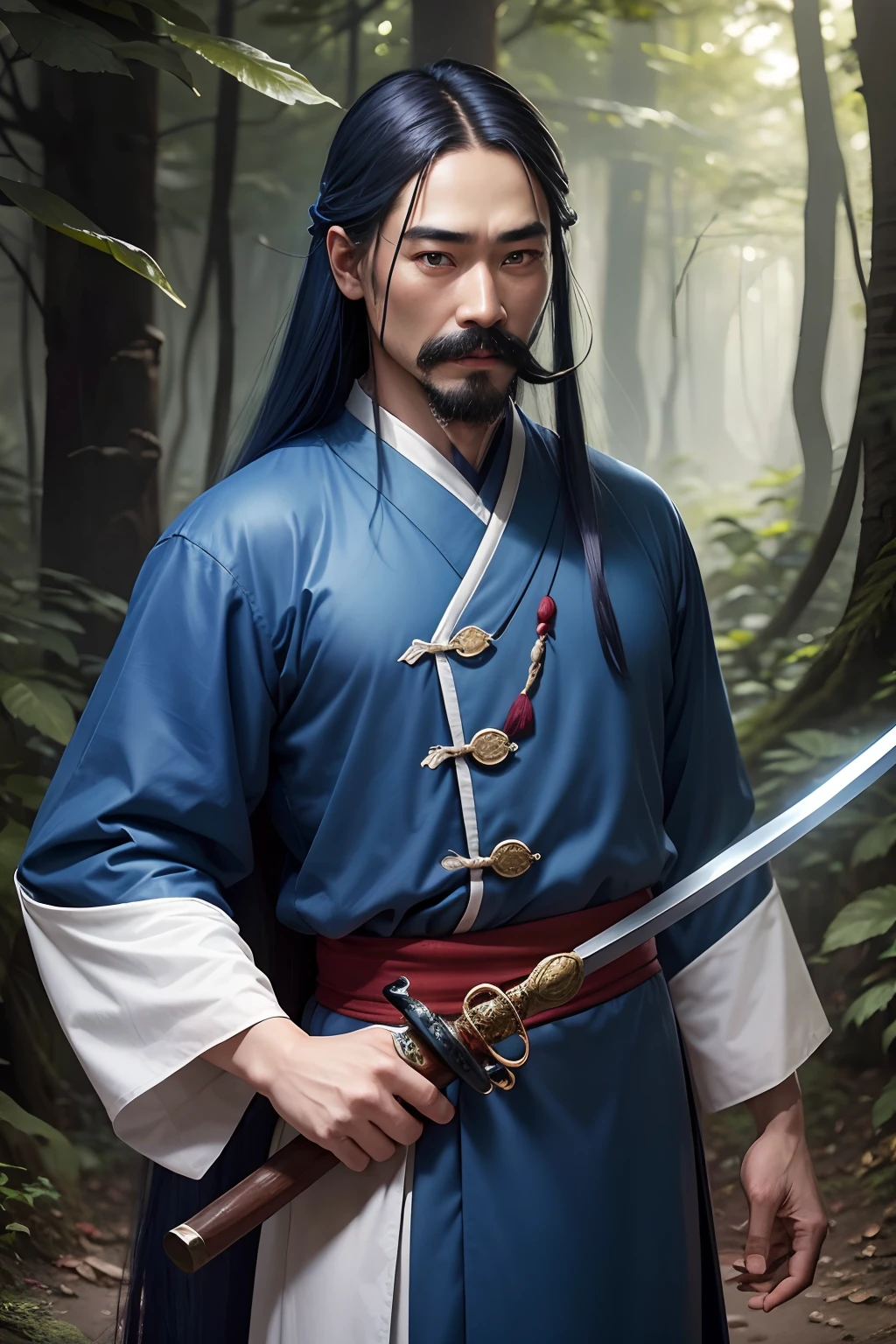 The background in the forest, a 30-year-old man, named Wang, narrow eyes, mustache, long blue hair, thin lips, wearing blue chinese antique clothes, Laughter can't soak your mouth, Sword handle