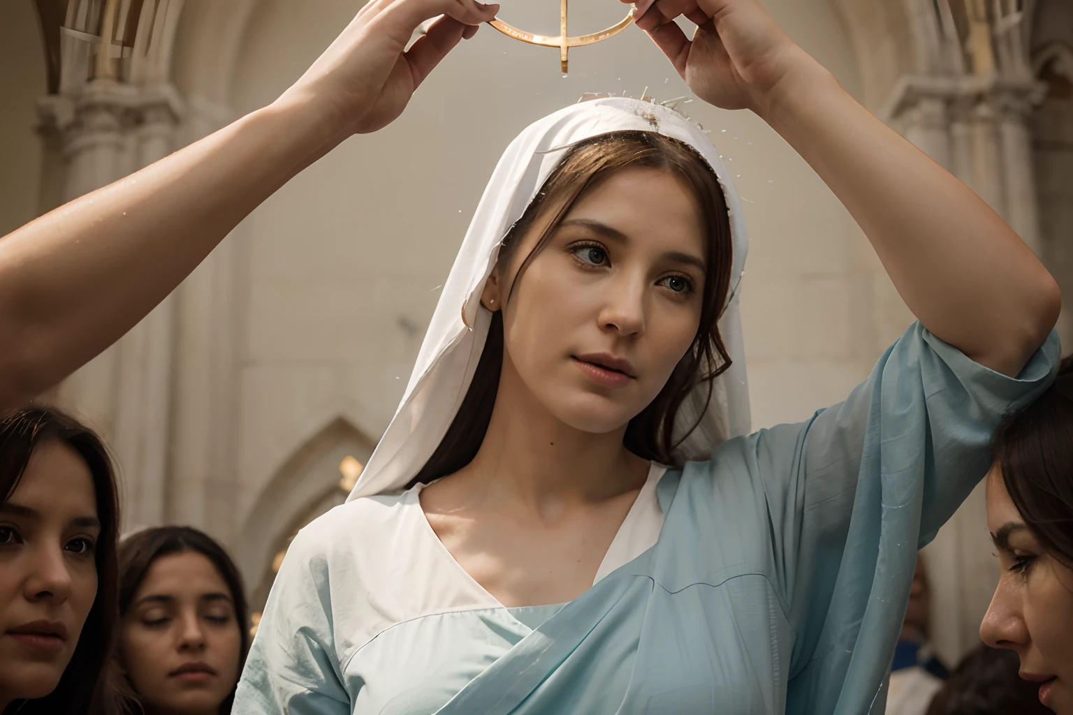 "Create a hyper-realistic image that reflects devotion and respect for Mary, 'Mother of God', in the Hail Mary prayer."