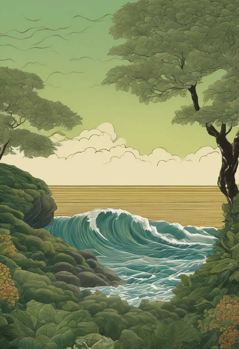 8k uhd a man is looking over the The Sea and Waves, in the style of yuko shimizu, detailed foliage, green, emily kame kngwarreye, mark catesby, trompe-l'oeil illusionistic detail, spiky mounds