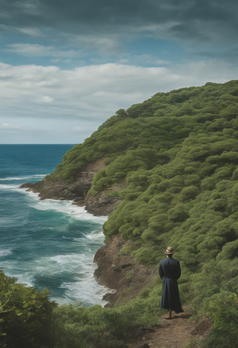 8k uhd a man is looking over the The Sea and Waves, in the style of yuko shimizu, detailed foliage, green, emily kame kngwarreye, mark catesby, trompe-l'oeil illusionistic detail, spiky mounds