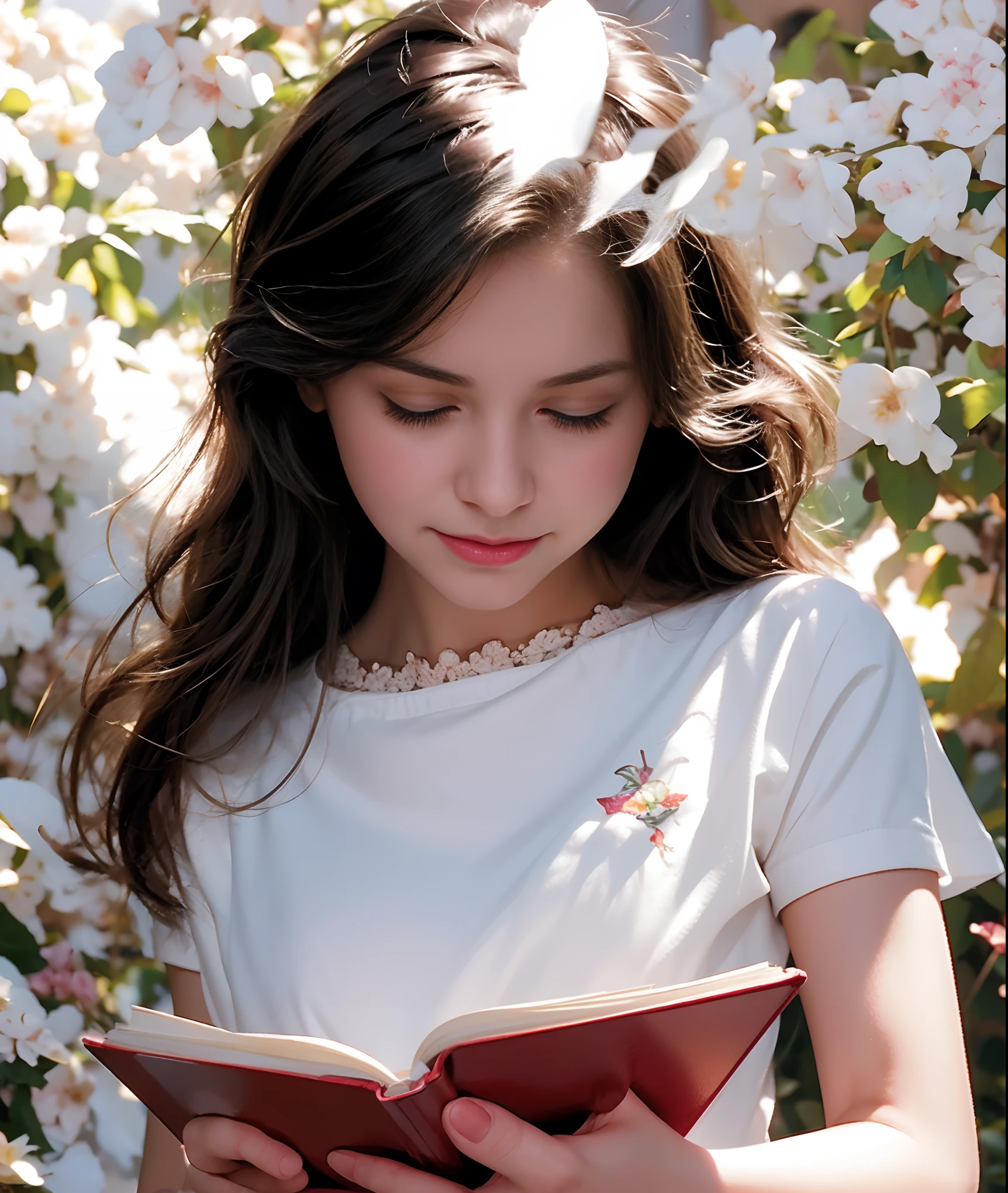A girl,close up, wearing white shirt, reading a book, (best quality:1.3), (highres:1), (detailed:1.3), (incredible:1.3), (perfect:1.3), (perfection:1.3), (volume cover art:0), (illustration:1.3), art by studio ghibli