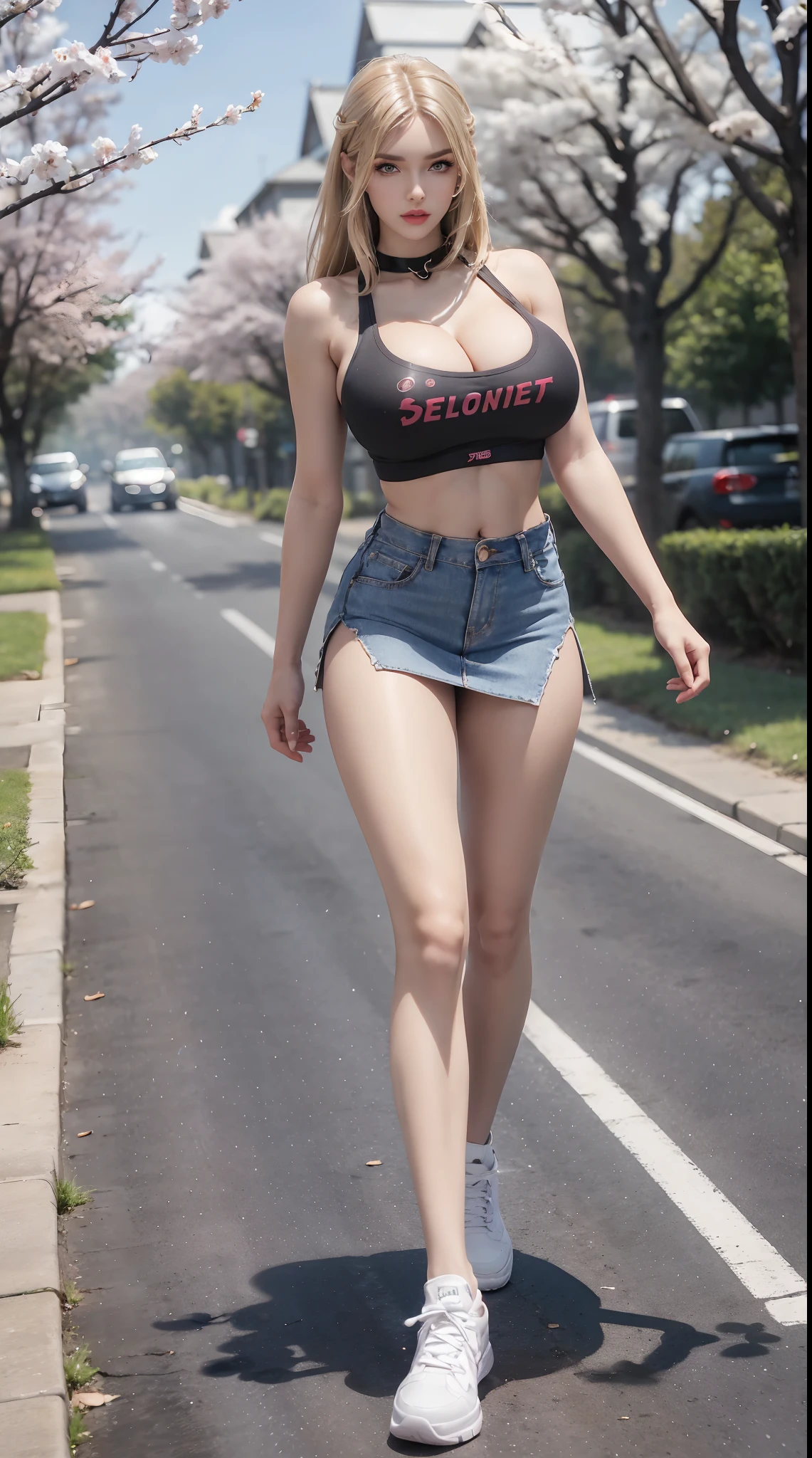 (1GIRL, SOLO), (ssmile, makeup, beautifull eyes), (BIG BUTTOCKS, MUSCLE ABS, HUGE BOOBS:1.5), (T-SHIRT CROP TOP, CLEAVAGE, TIGHT MINI SKIRT, SNEAKERS:1.5), (SLENDER BODY, SEXY LONG LEGS, FULL BODY:1.5), (LOOKING AT VIEWER:1), (WALKING DOWN ON STREET CHERRY TREES:1.3), PHYSICALLY-BASED RENDERING, ULTRA HIGHT DEFINITION, 8K, 1080P.