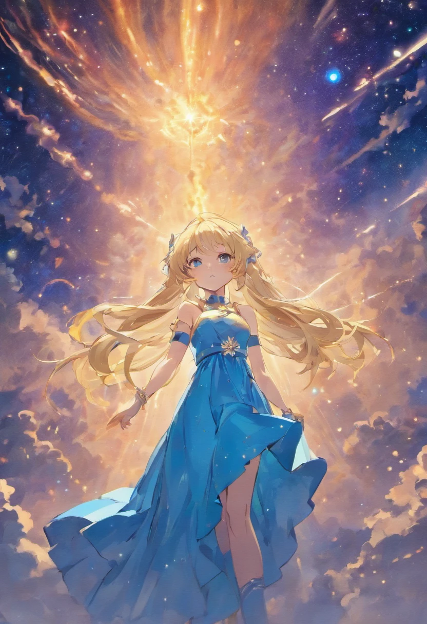 stellar cosmic space Milky Way goddes Wearing a dress Blue tone unclear true good pleasing optic sad a blond doa Close your eyes