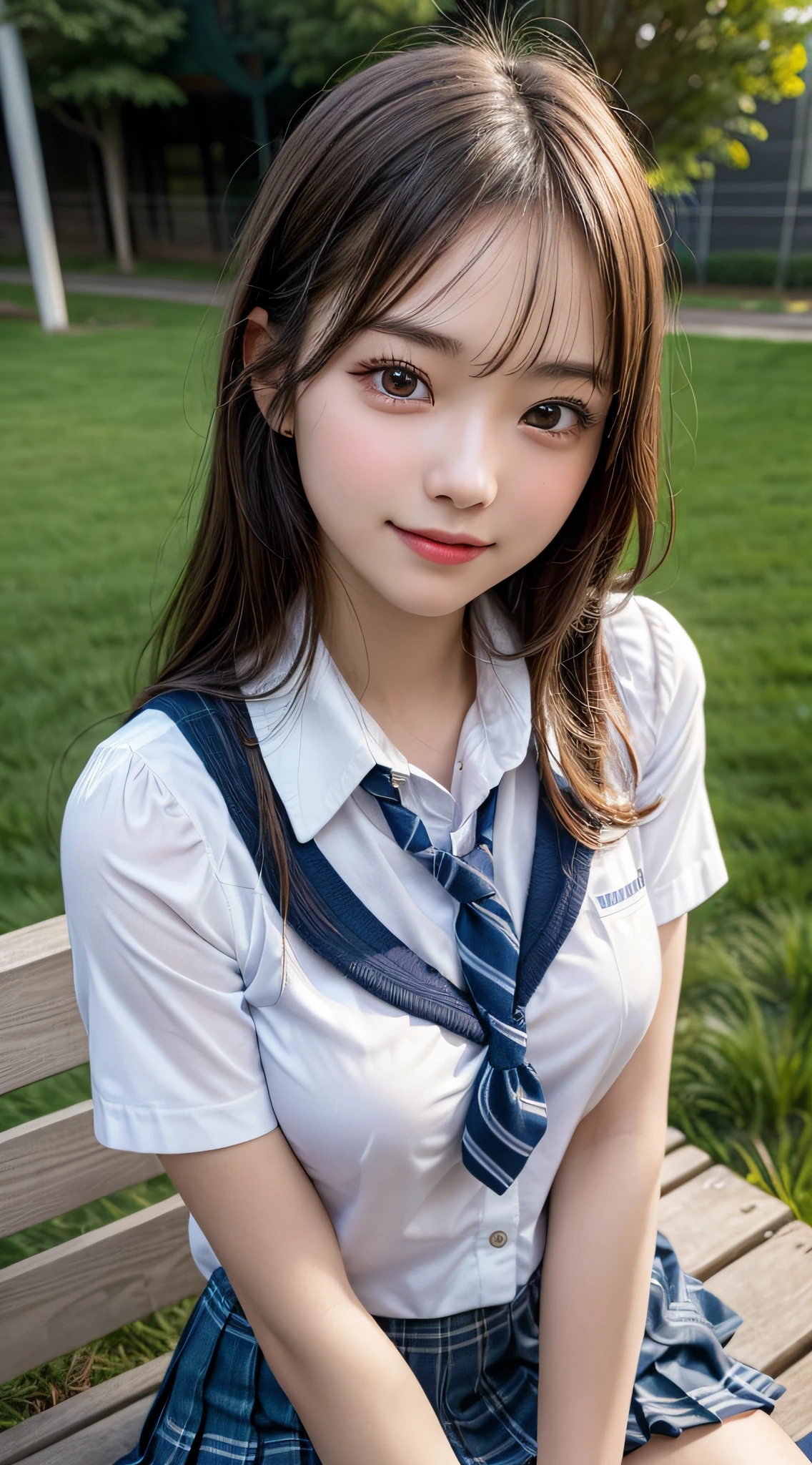 1girl, extremely cute face, (highly detailed eyes, highly detailed face), (hyper-realistic, hight resolution), (best Quality:1.4), Raw photo, (Realistic, Photorealsitic:1.37), Professional Photography, Cinematic Light, (lace bra:1.25), (amazing breasts:0.8), (school uniform, pleated mini skirt:1.5), (school uniform with open breasts), Smile slightly, Sitting, spread your legs wide open, Staring at me, outdoor, meadow, lawn, bench, dazzling lighting,