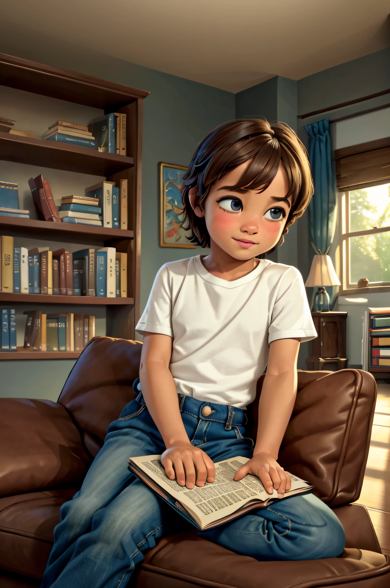 (highres,best quality,realistic) 1 ,sitting on the couch,reading a book,cozy living room,soft natural light,vibrant colors,comfortable cushions,bookshelf in the background,bookmarks and notes,peaceful atmosphere,relaxing moment,concentration,curious expression,imagining adventurous stories,appreciating the magic of reading,gentle smile,clothes neatly stacked on the couch,affection for books,daydreaming,enchanted by the words,errands forgotten,world of imagination.