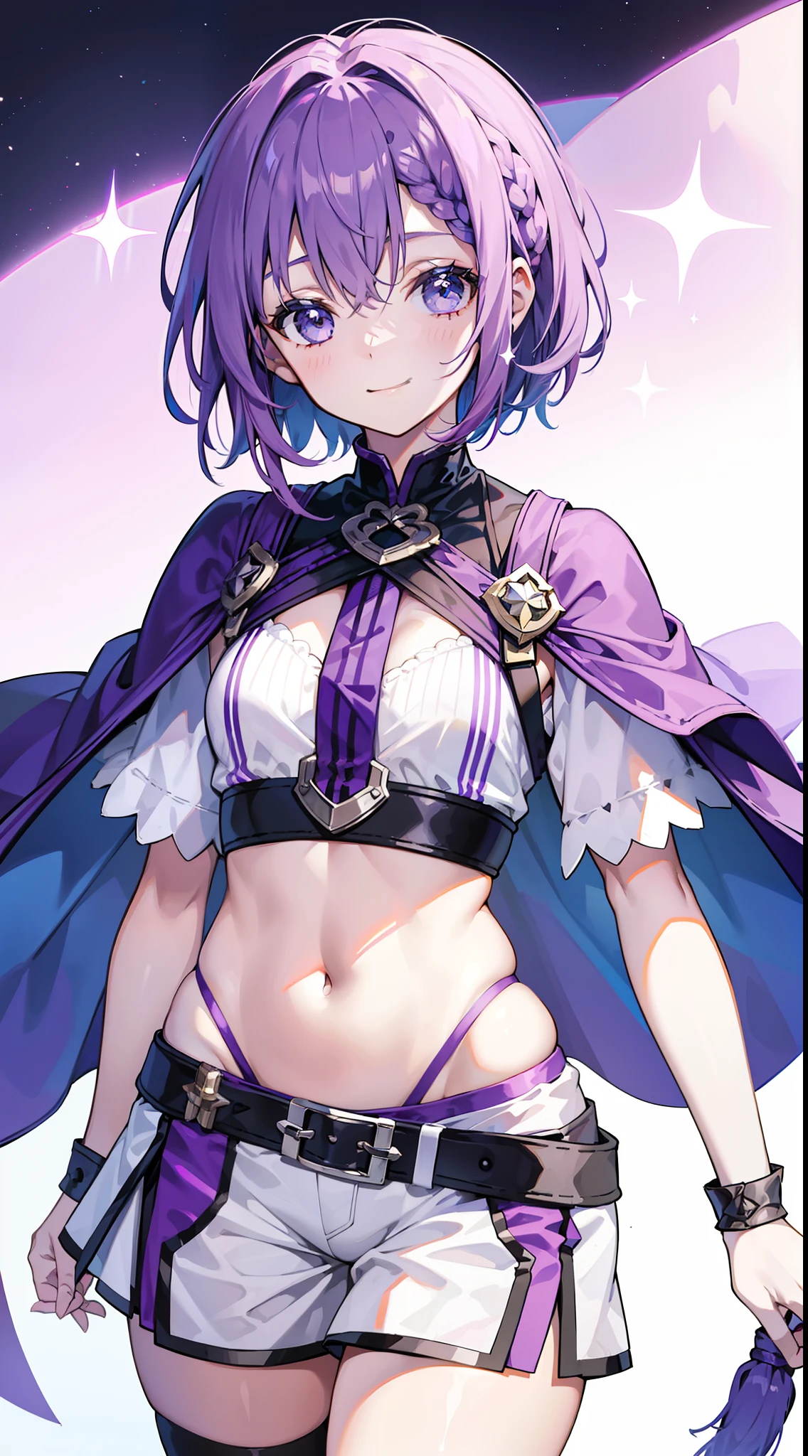 young girl, short purple hair, white tight top, cape, Shorts, braid, open belly, ssmile, Masterpiece, hiquality, 4k, HD, Good detail