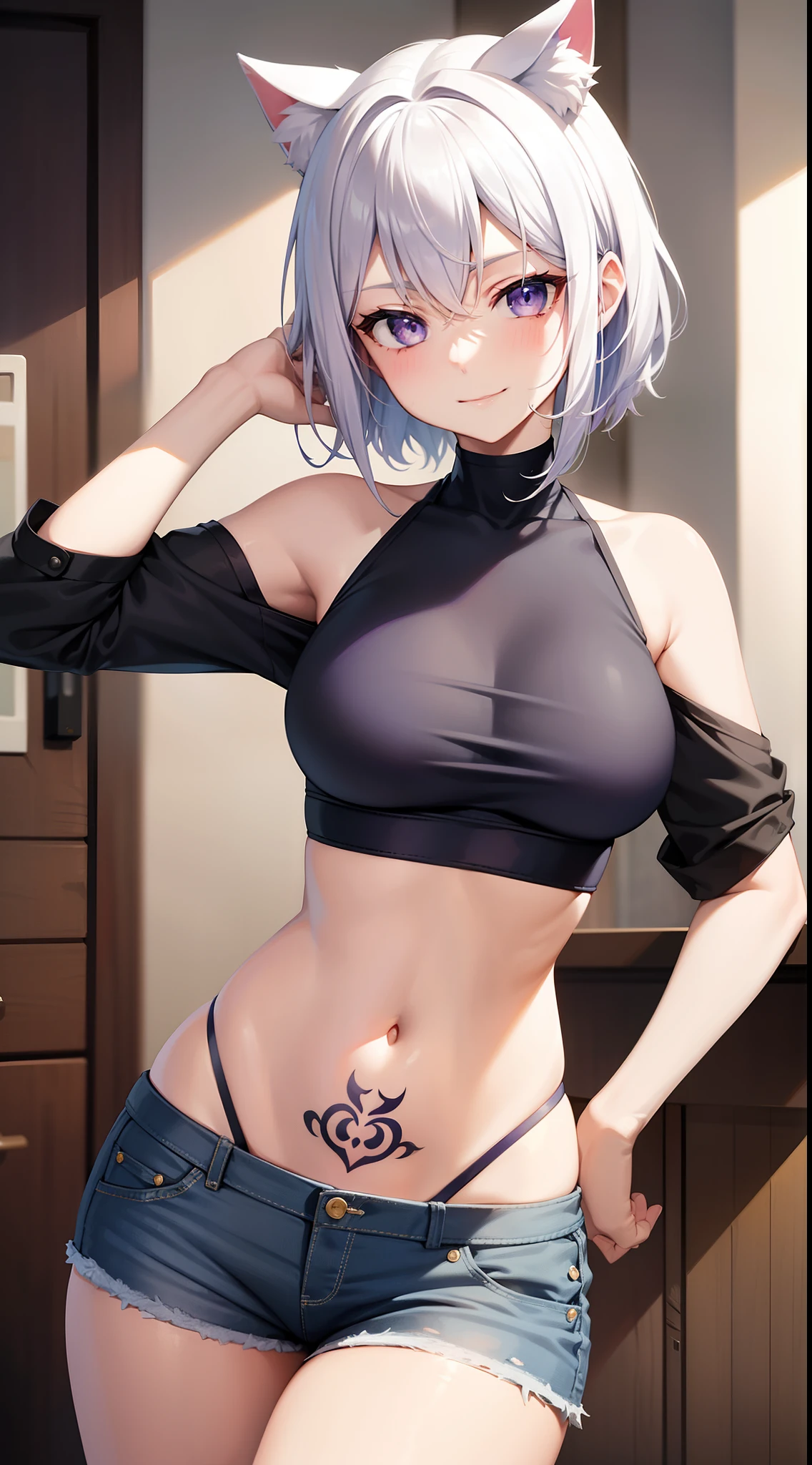 Grown-up girl, short white hair, Heteroromy, blue and purple eyes, cat ears, smirk, tight blue top, Shorts, tattoo, open belly, open breasts, Masterpiece, hiquality, 4k, HD, Good detail