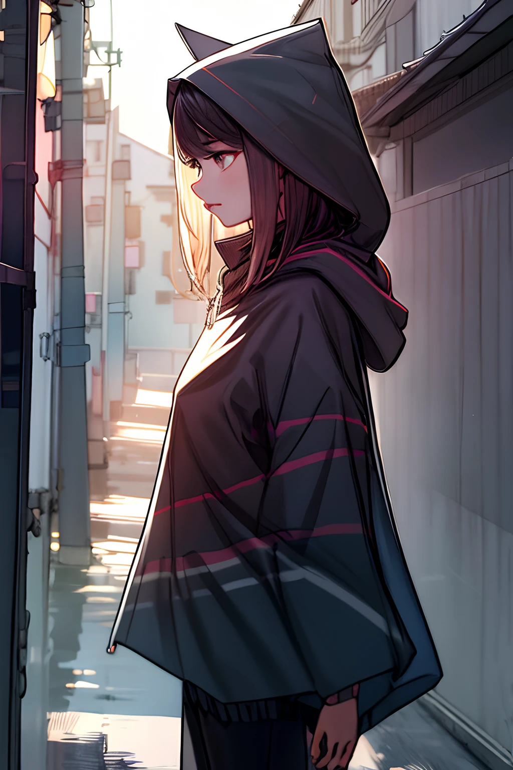 Poncho 、1girl in, hoods、raincoat、raincoat、Poncho、masterpiece, detailed shadow, Detailed light, ighly detailed, top-quality, hard disk, 4K, hightquality,the detail