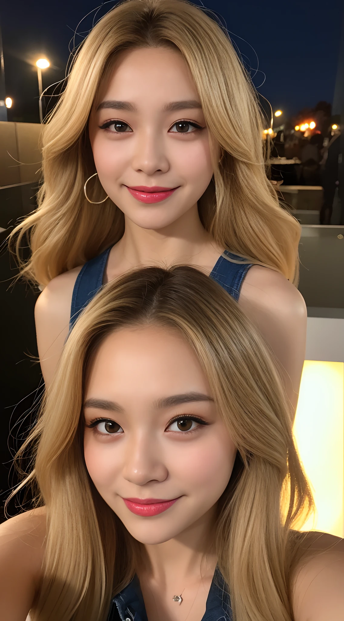 ((Best Quality, 8k, Masterpiece: 1.3)), Selfie, Only face showing, Sharp Focus: 1.2, Pretty woman, Winking cute face, dyed blonde hair, tanned skin