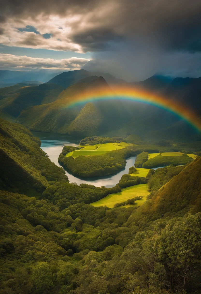obra prima、qualidade superior、ultra-detalhada、(Anjo Chibi:1.2)、Penteados brancos Bob、Lago de outono de conto de fadas、Sente-se em rochas de musgo、The rainbow shines、Morning sunshine、