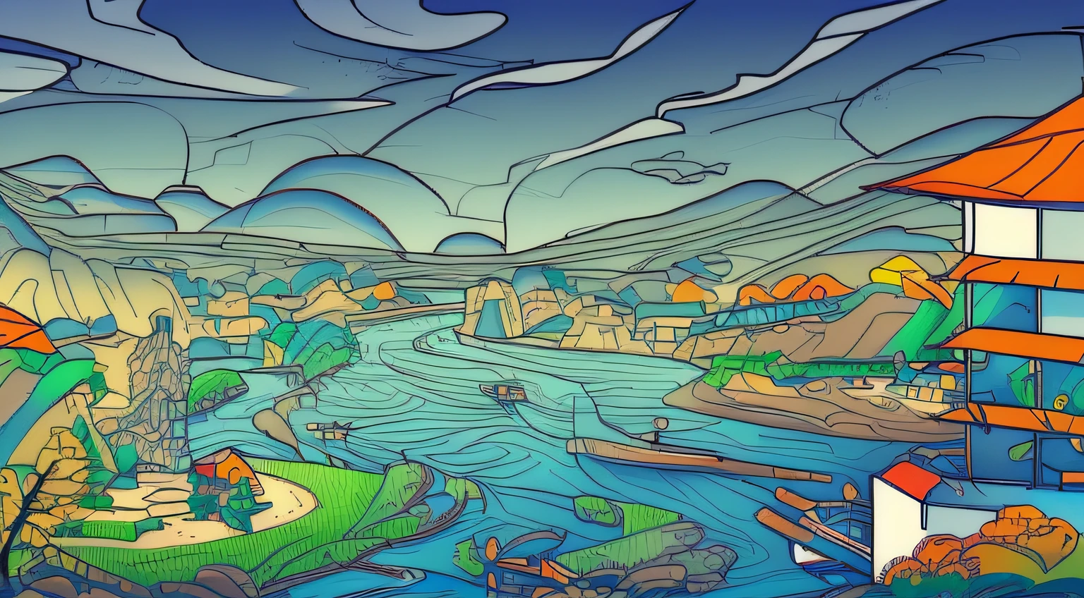 Coloring page of a house on the hill，The background is a river and mountains, distant village background, stylized linework, arte de fundo, detailed but rough, sketch of an ocean in ms paint, finished concept art, 2d game lineart behance hd, 2d game lineart behance hd, distant villagescape, sci-fiish landscape