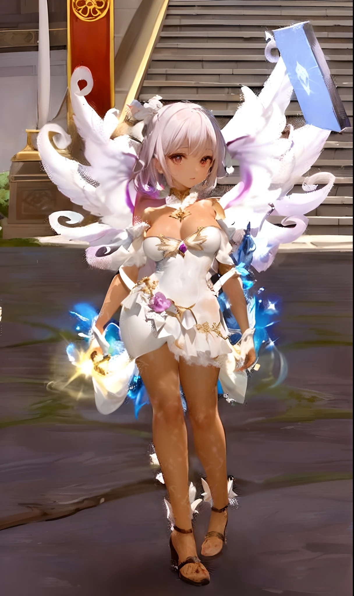 a close up of a person in a dress with a sword, fantasy outfit, astral fairy, wearing angel halo, albino mystic, cotton cloud mage robes, wearing seashell attire, aion, glowing angelic being, clothes themed on a peacock mage, angel knight girl, infernal nymph!!!, wiggly ethereal being, epic angel wings, wearing angel