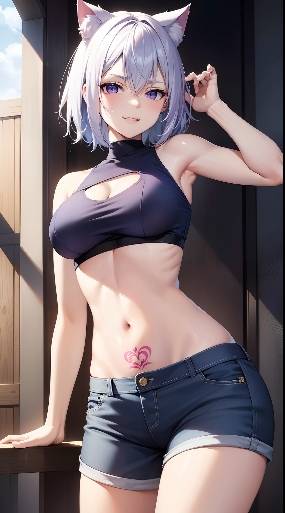 Grown-up girl, short white hair, Heteroromy, blue and purple eyes, cat ears, smirk, tight blue top, Shorts, tattoo, open belly, open breasts, Masterpiece, hiquality, 4k, HD, Good detail