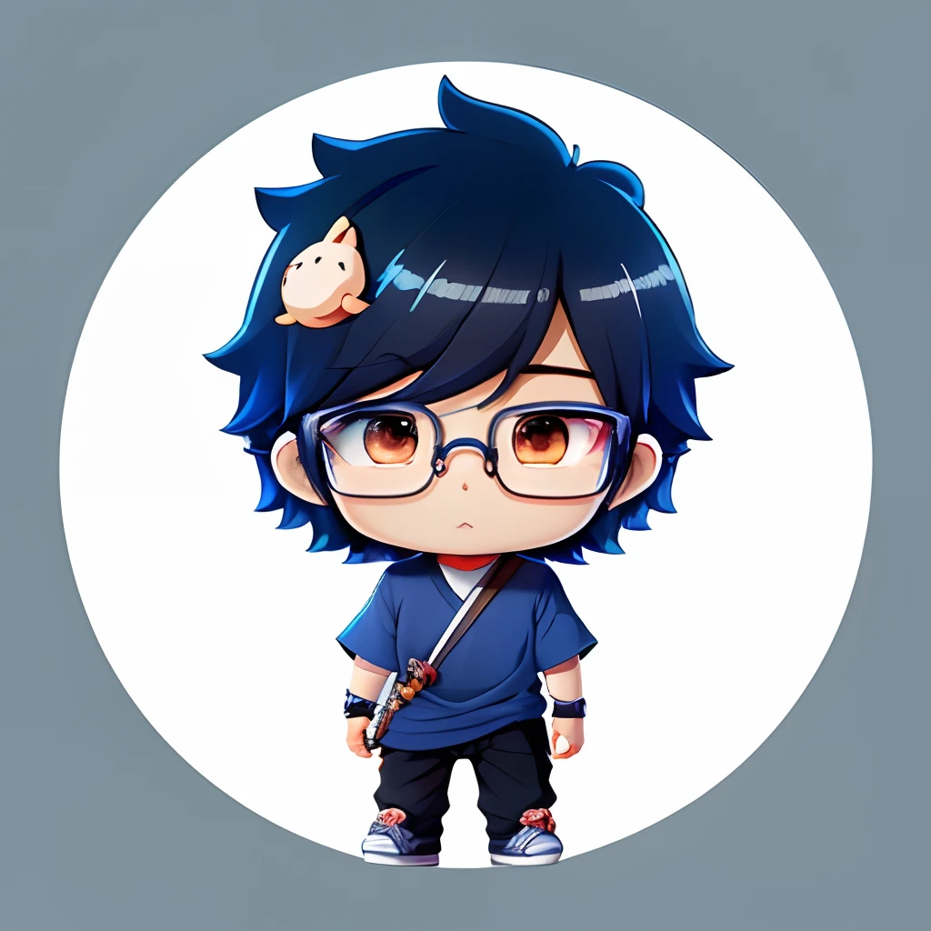 japanese male,MapleStory,eye glasses, cute colorful adorable, cute artwork, Cute art style, Cute, cute detailed artwork, cute detailed digital art, cutecore, Cute digital art, high quality fan art、Note PC、Chibi character、Blue Shirt、Tall