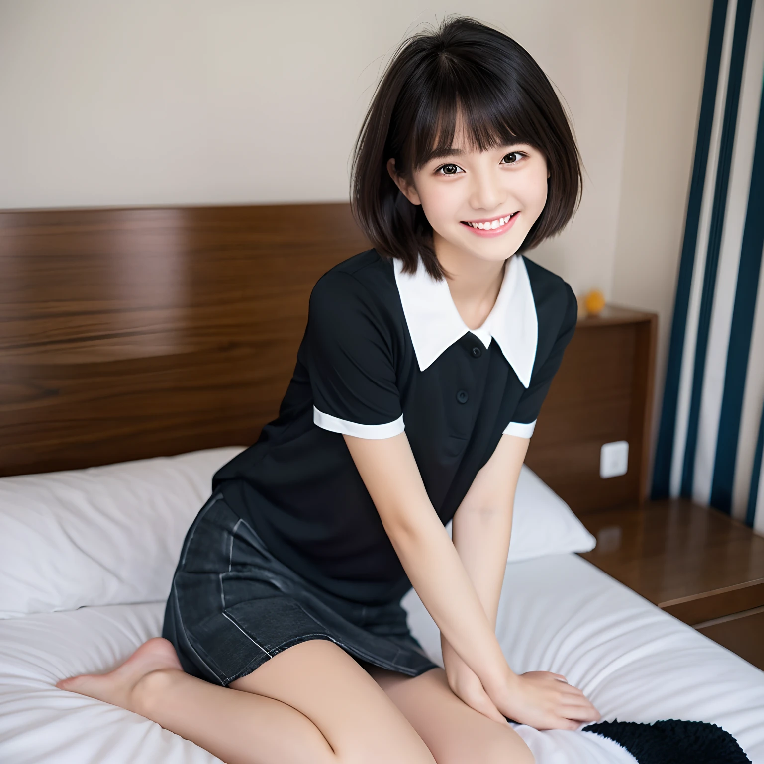 a room、a bed、Black blouse、a miniskirt、、Short hair、A dark-haired、Black eyes、A smile、cute little、hi-school girl、surrealistic、Full body like、Natural posture、