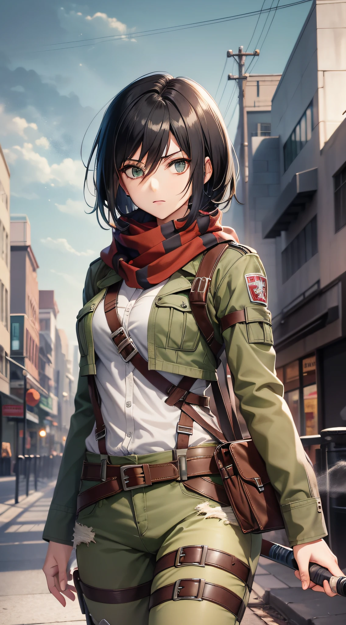 aot style, shingeki no kyojin,

mikasa ackerman,

1girl, arm strap, bangs, black hair, black pants, breasts, cowboy shot, embers, green eyes, grey background, hair between eyes, harness, long sleeves, looking at viewer, medium breasts, pants, red scarf, scarf, shirt, short hair, smoke, solo, thigh strap,  brown jacket, white shirt, survey corps \(emblem\)

, ((masterpiece)), best quality
,