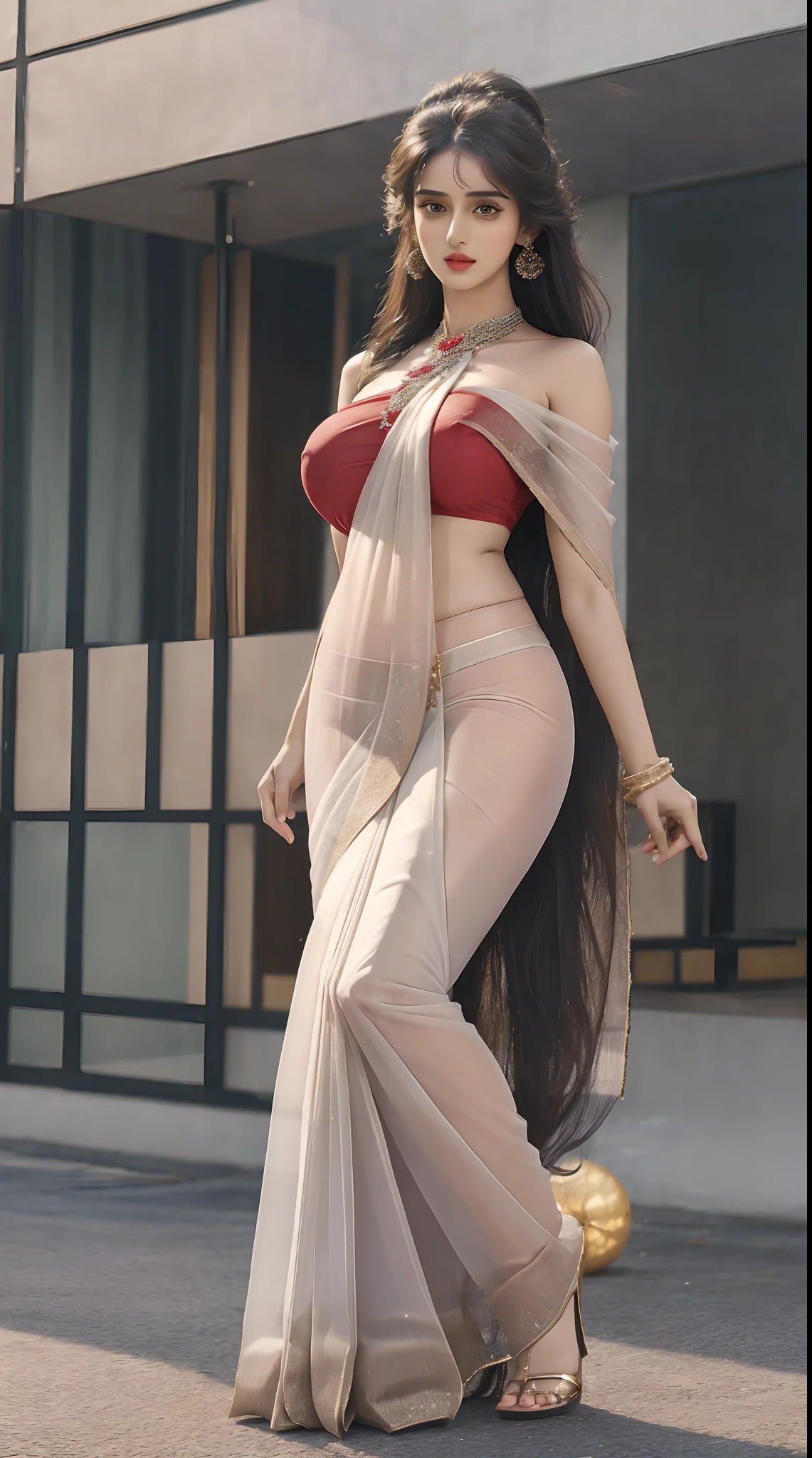 (full body shot:1.5), (Masterpiece:1.37), (Indian babe:1.5), (straight view, straight figure, wide angle pose, standing position:0.5), (inspired by disha patani), 1girl, solo girl, 18 year old girl, ultra realistic face, hyperrealistic, hyperdetailed, (looking at viewers:0.5), sharpen, detailed face, detailed eyes, detailed lips, red lips, beautiful face, 16k, FHD, UHD, raw photo, cute face mesh, pretty face mesh, girl in luxury office, beautiful hair style, tied hair, (fancy blouse, (beautiful Indian saree, fancy saree, ultra realistic saree, perfect saree, pleated saree, embroidery saree, perfect saree on perfect body fit), pleated palluu hold on hand), intricate, extremely detailed, (ball shape boobs, perky boobs, tight boobs, muscular perky boobs, close cleavage), (curvy hips), scattering surface, ultra realistic texture, smooth skin, realistic face, glow lip, glow face, very_high_resolution, perfect figure, beautiful curved body, fit body, (fancy high heel), fancy club hair ornament,(abs, muscular body, muscular shoulder, mascular neck), (white transparent goggles).,