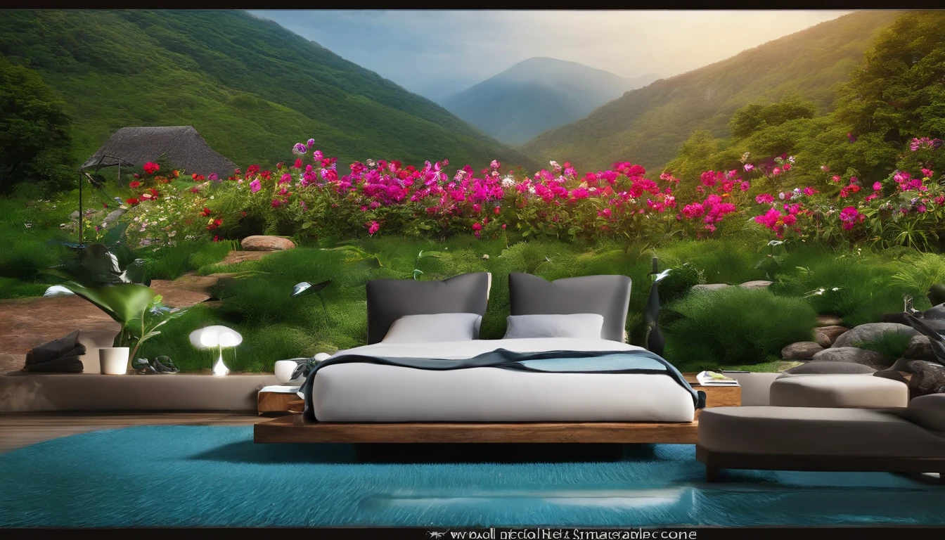 "A beautiful flowery field, com flores e rosas coloridas diamantes, crystal water, Sustainable homes in nature, arte realista, alta qualidade, realismo, lindas cores, rosas diamantes, super detalhado, hiper realista, natureza brilhante, rosas detalhas, rosas brilhosas, flores brilhantes, natureza resplandecente, arte viva, Enchanting paradise, nuvens entre folhas, nuvens entre a natureza, magical birds, wings of shining birds, cores naturais, pedras preciosas verdes, diamantes coloridos nas flores, diamantes coloridos nas rosas, HD, 10K.”